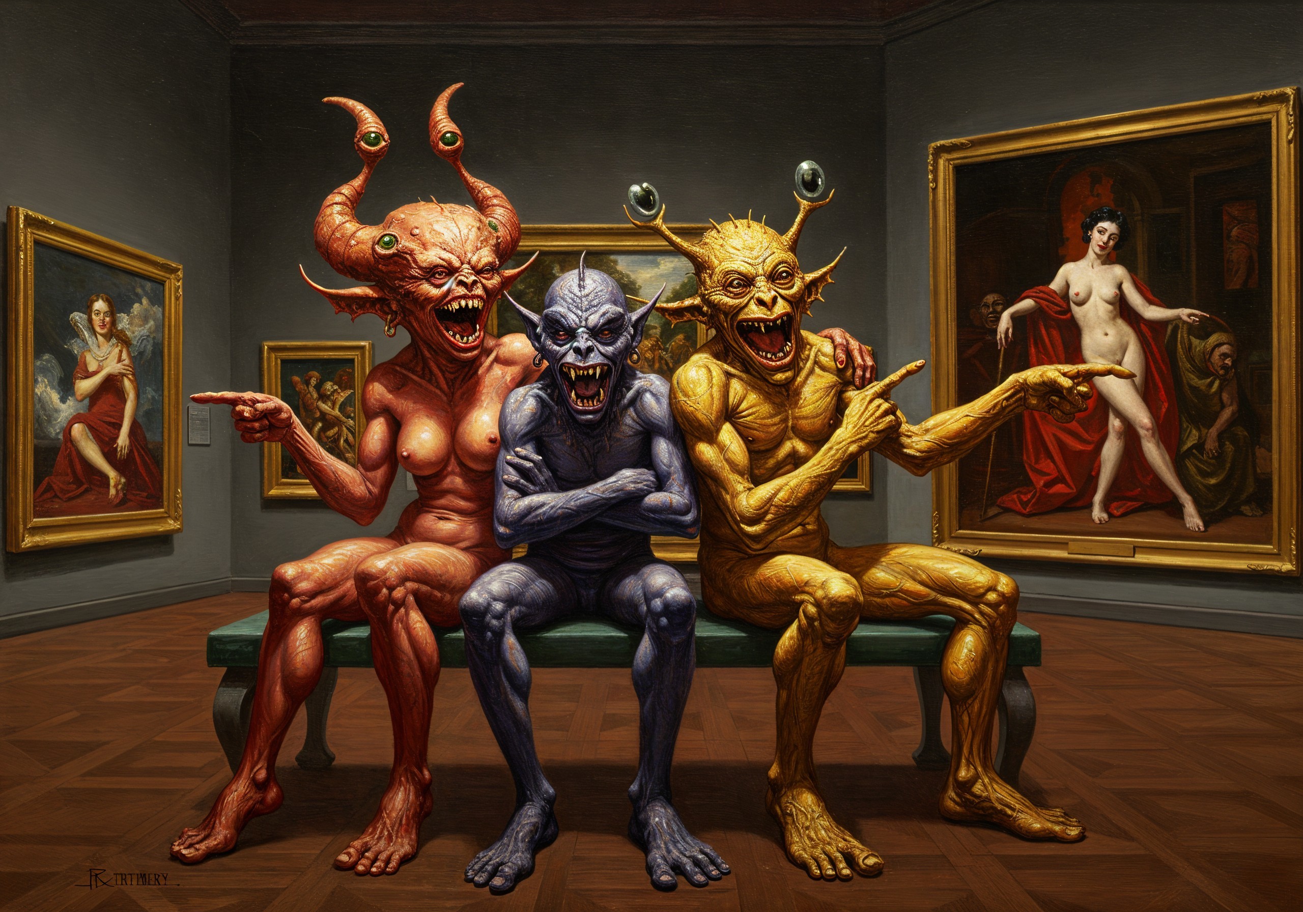 Fantastical Creatures in Art Gallery Setting