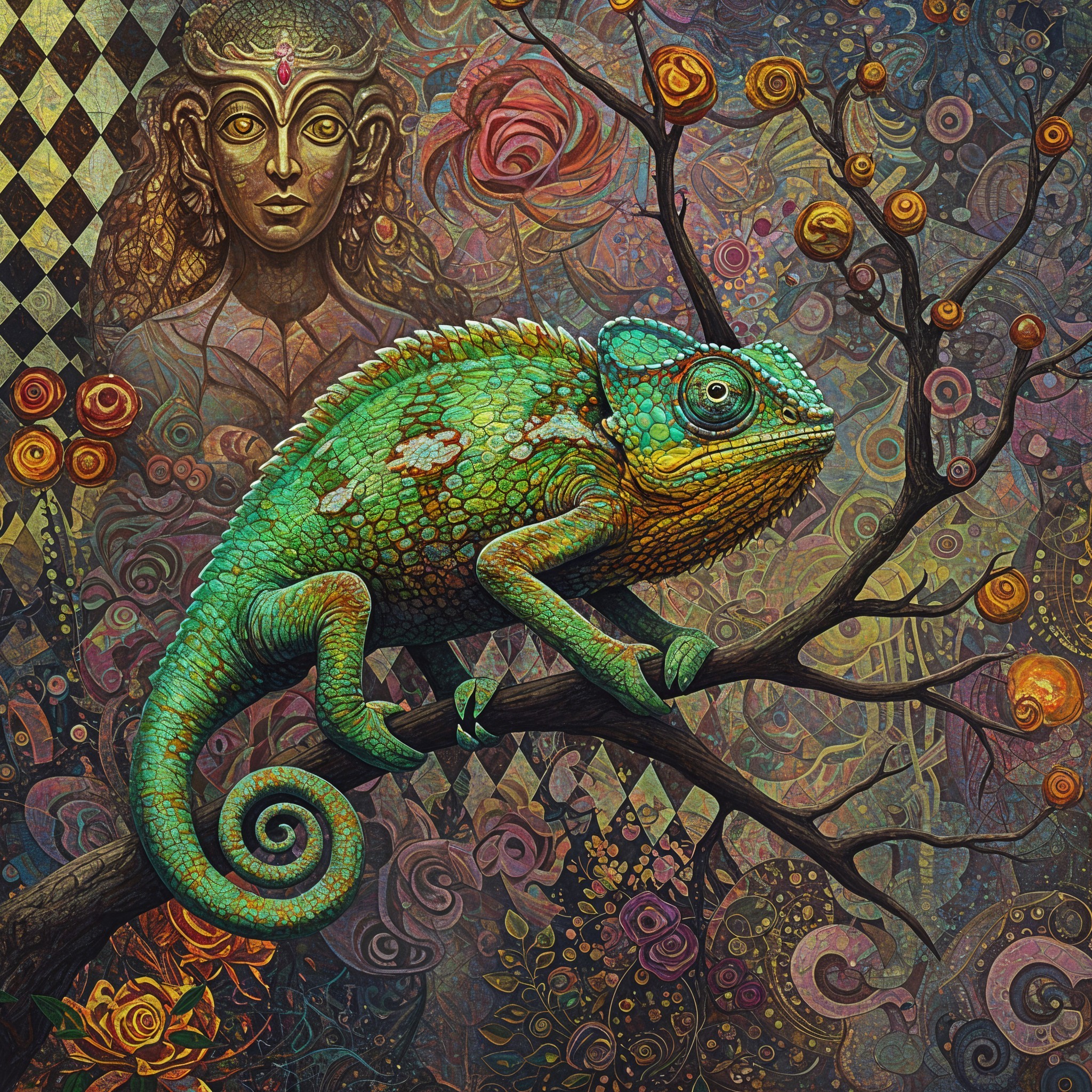 Chameleon on Branch with Roses and Mystical Figure