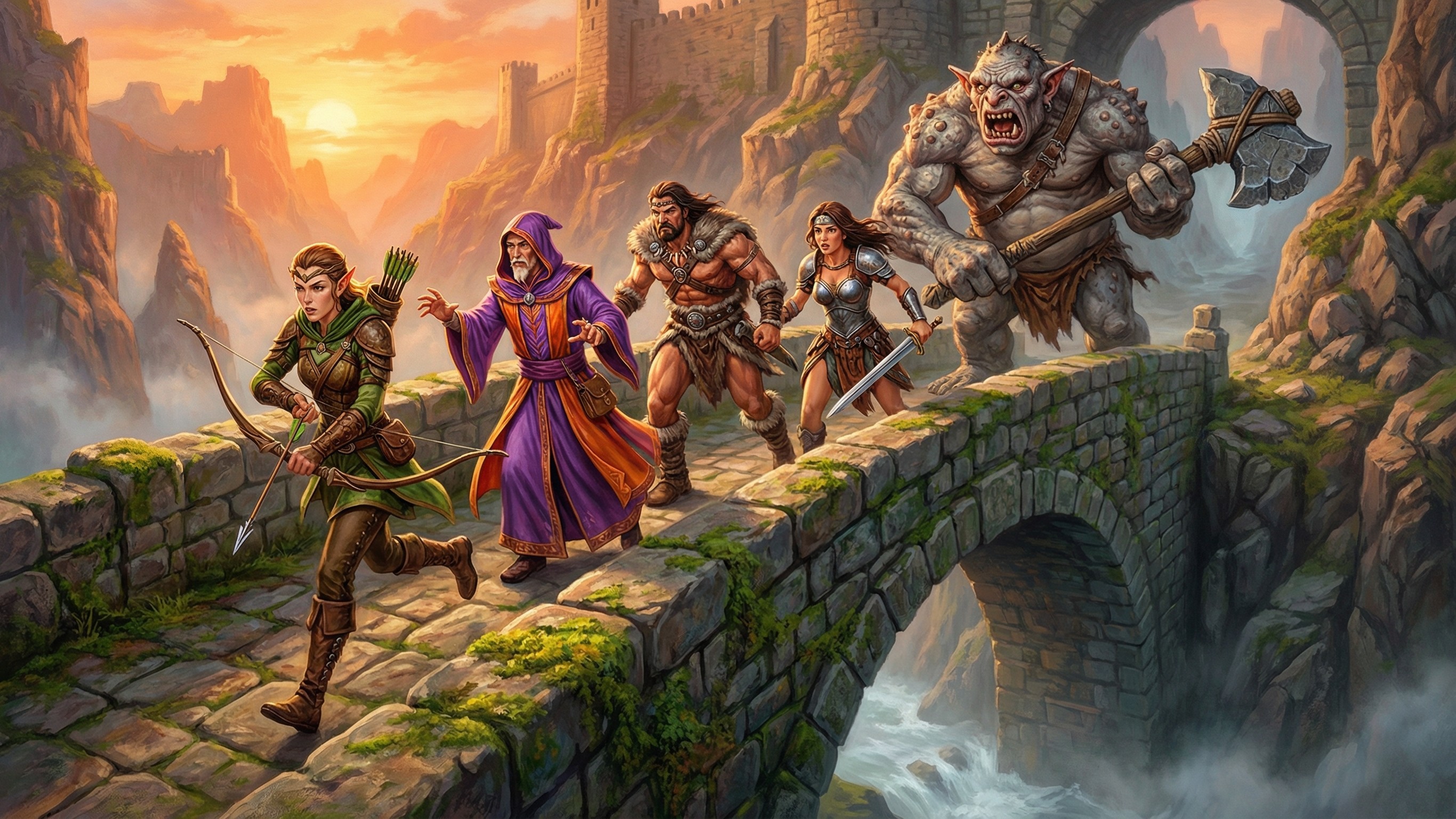 Diverse Fantasy Adventurers Fleeing a Troll on Bridge