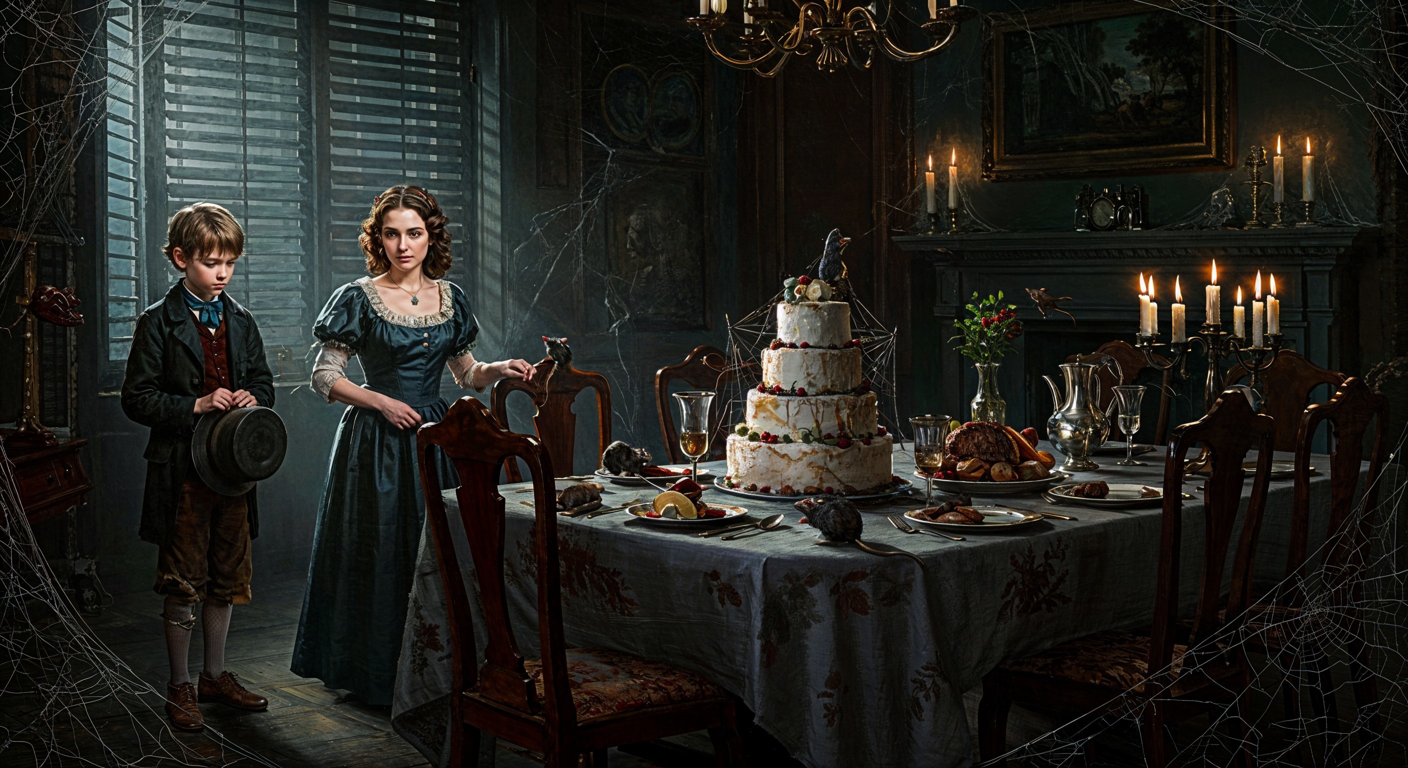 Gothic Dining Room Scene with Boy and Woman in Blue