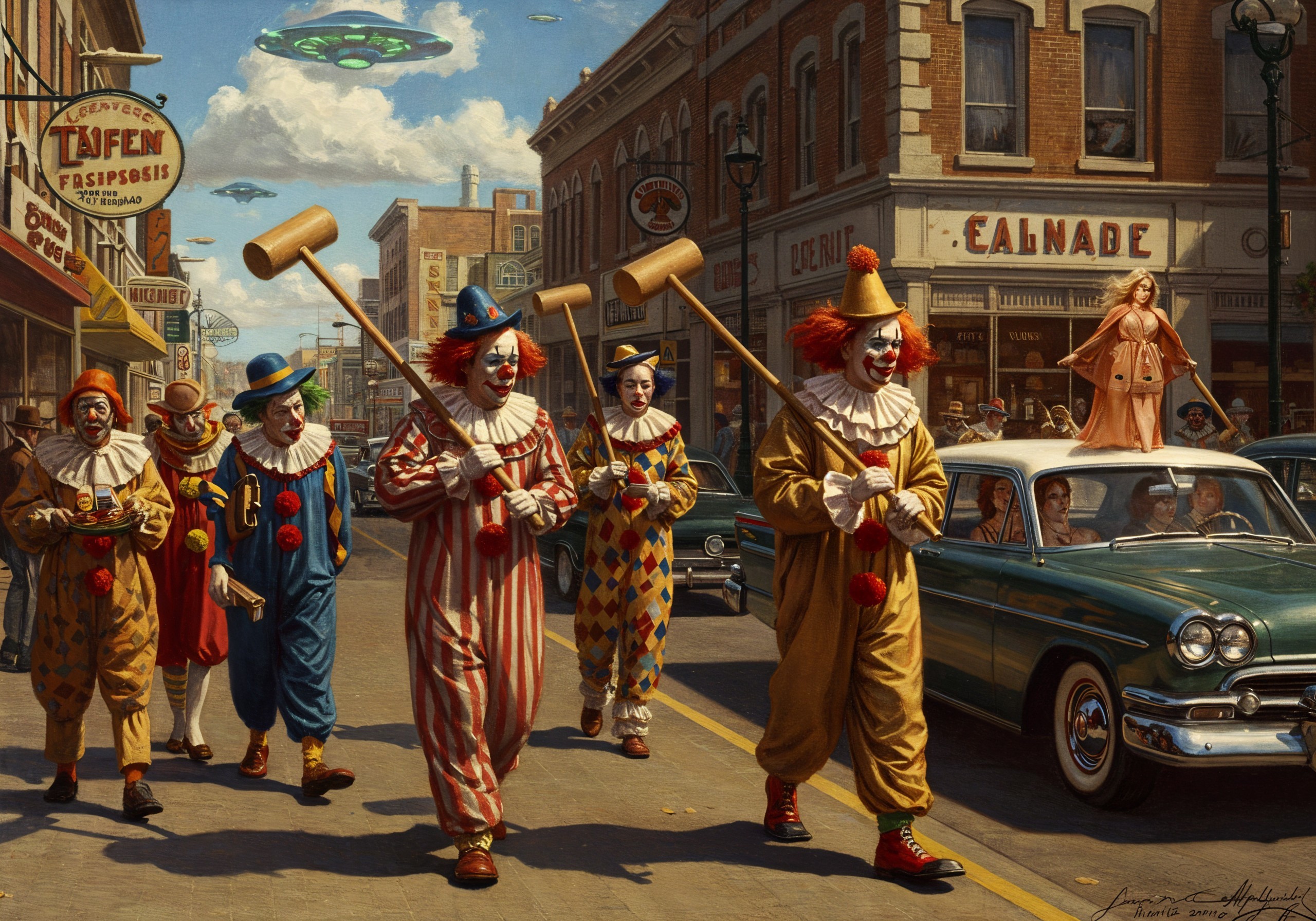 Cheerful Clowns in Colorful Costumes on Town Street