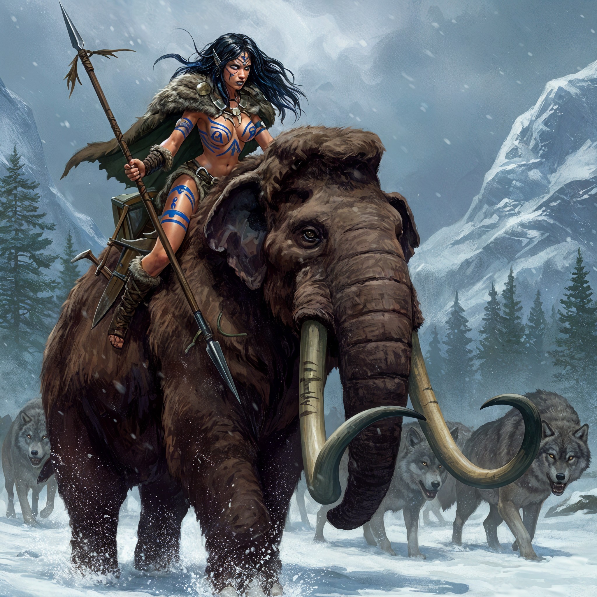 Warrior Woman on Mammoth in Snowy Landscape