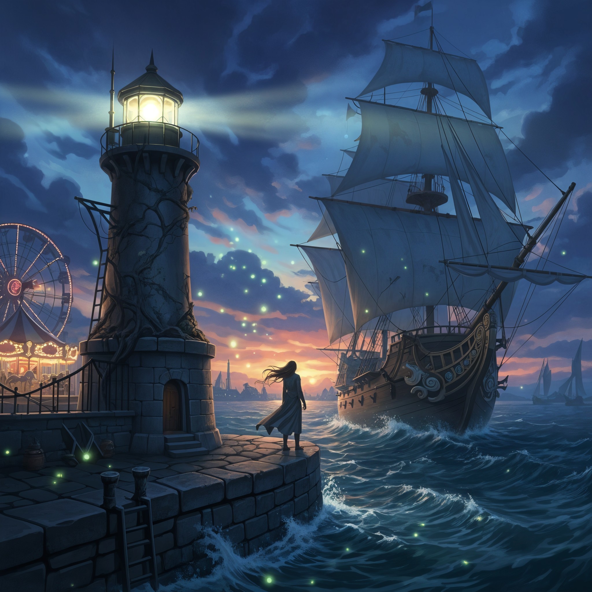 Serene Coastal Harbor at Dusk with Lighthouse and Ship