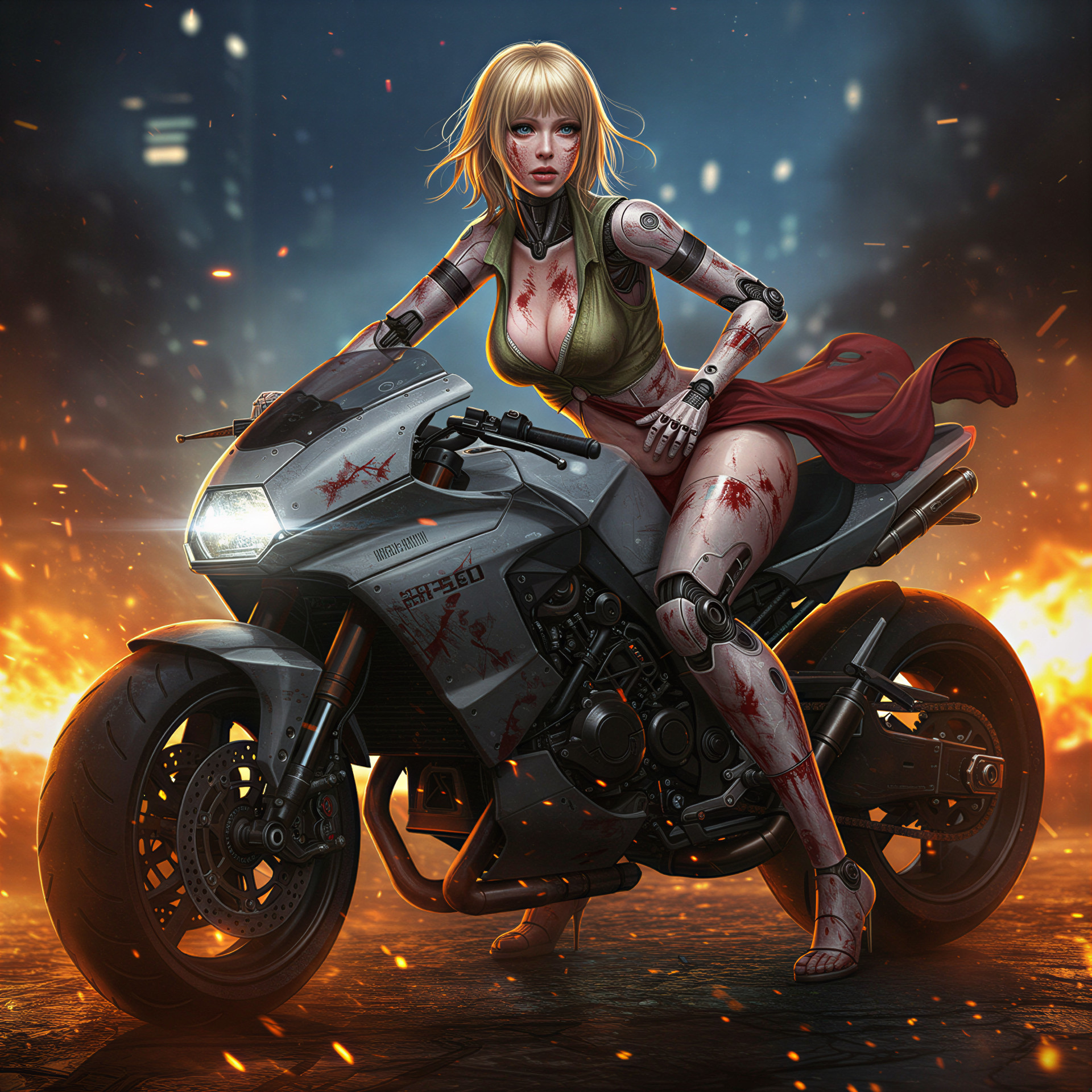 Futuristic Cybernetic Woman on Modern Motorcycle