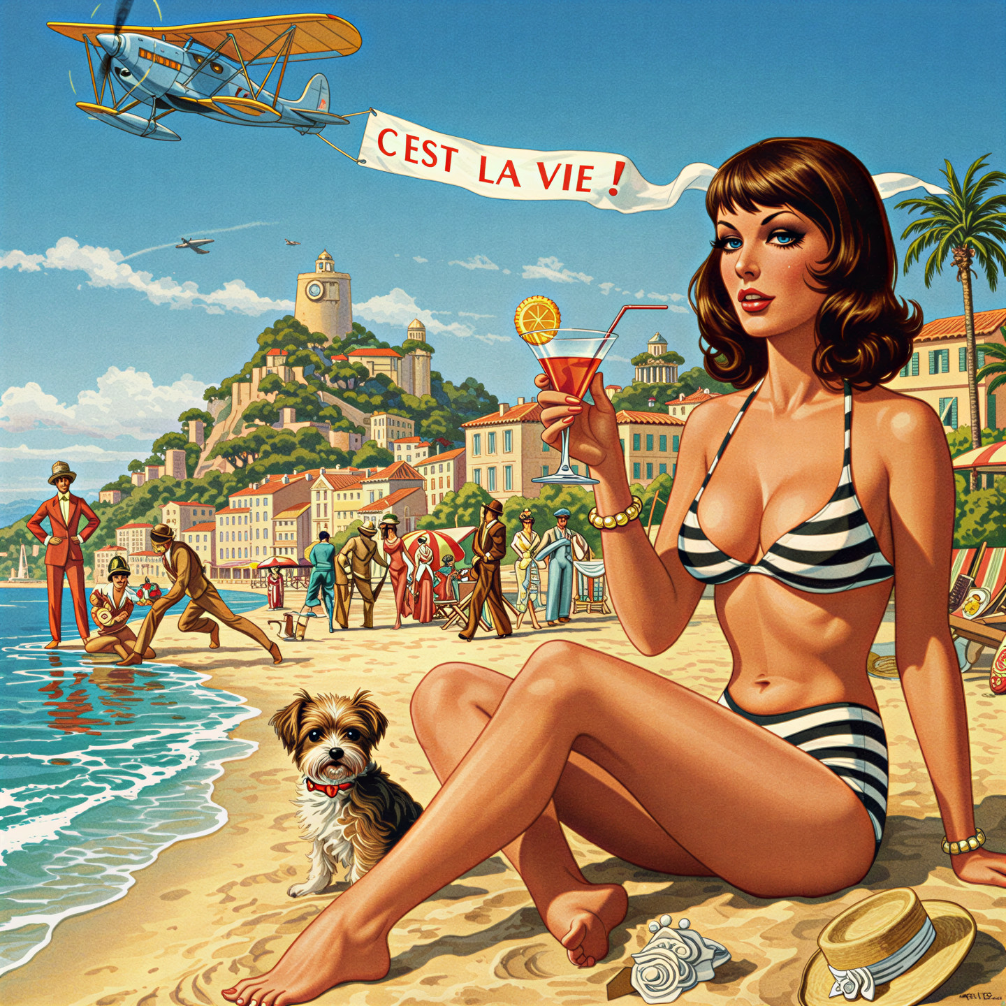 Retro Beach Scene with Woman, Dog, and Biplane