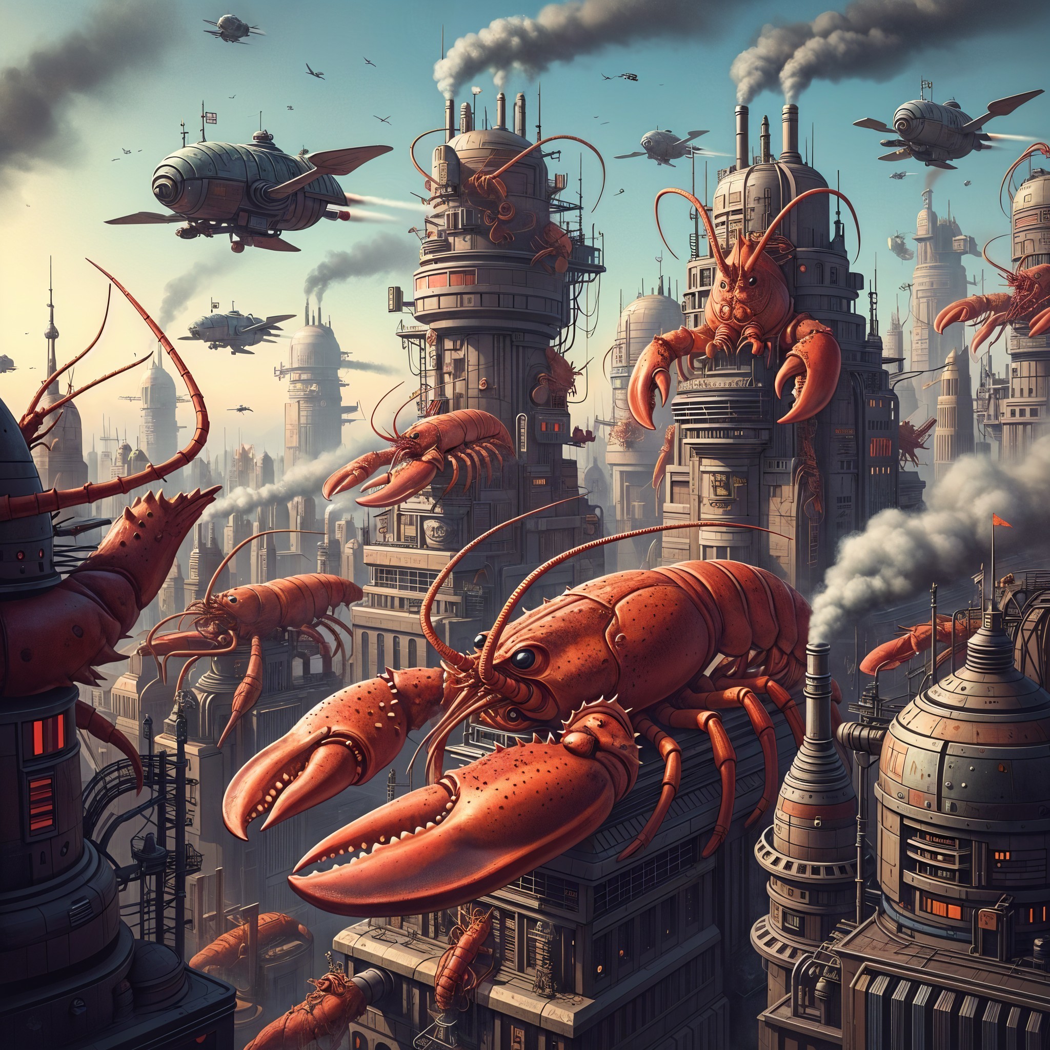 Surreal Cityscape with Mechanical Red Lobsters