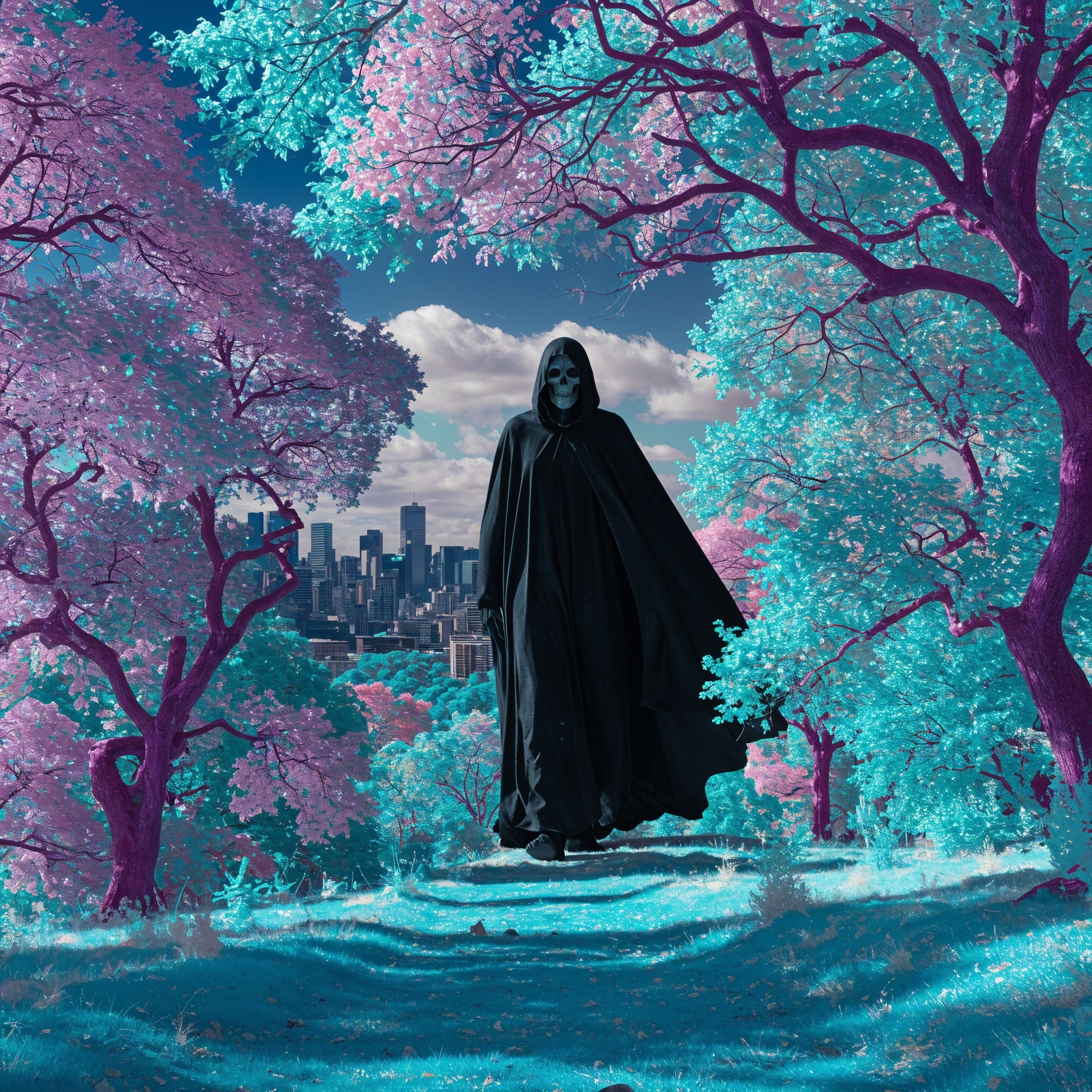 Cloaked Figure in Surreal Landscape with City Skyline