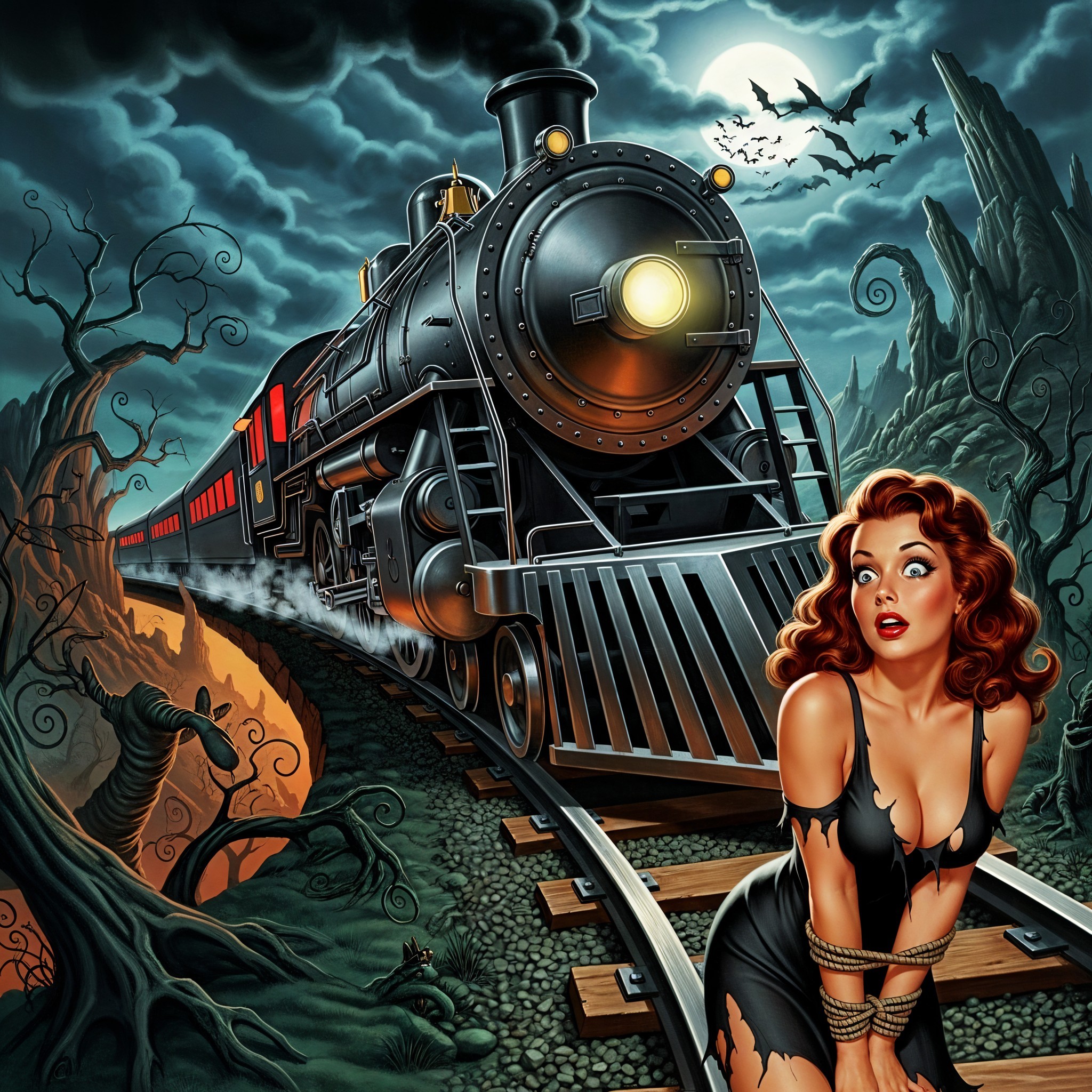 Horror Comic Cover with Woman on Train Tracks