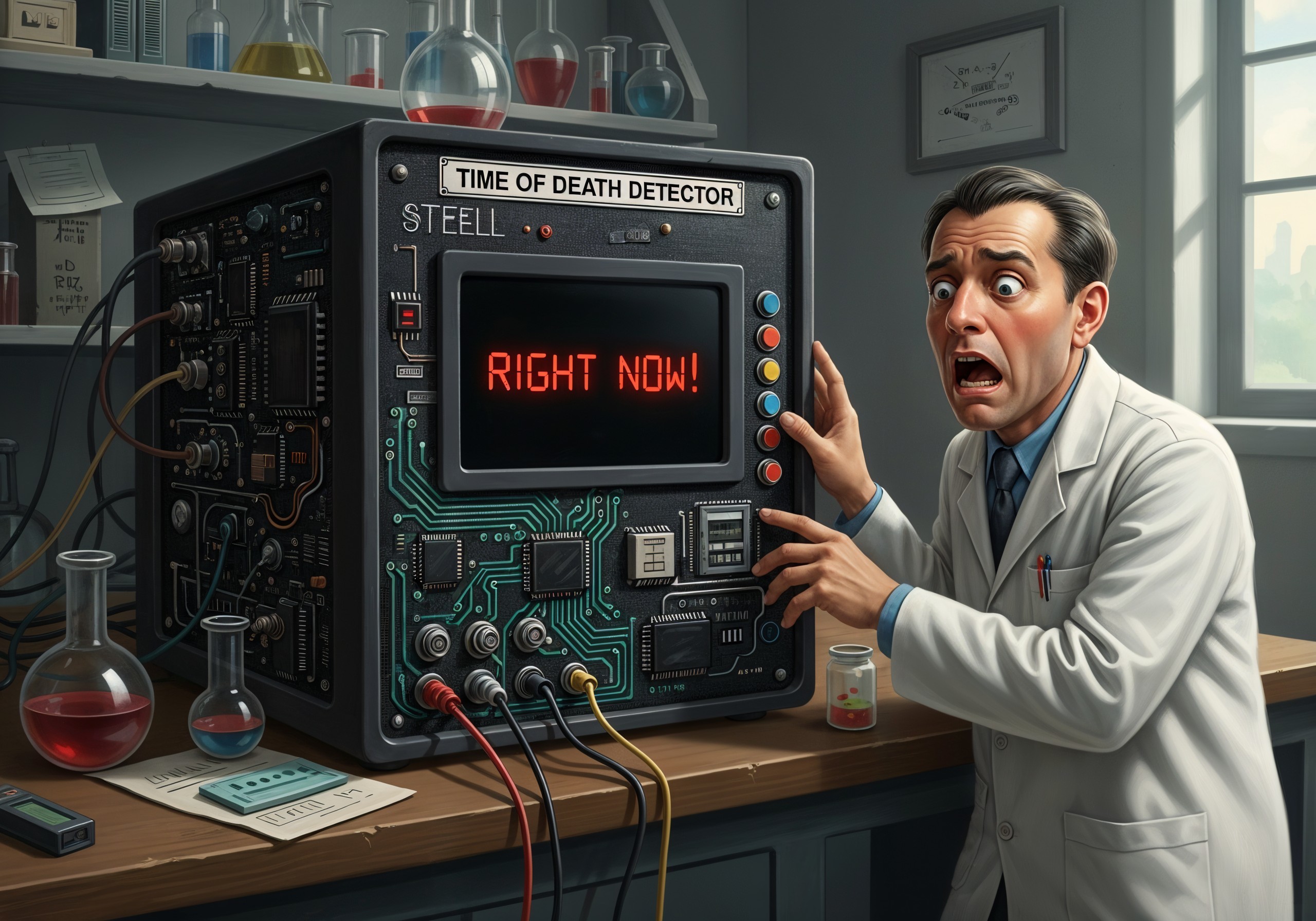 Scientist in Lab with Time of Death Detector Machine