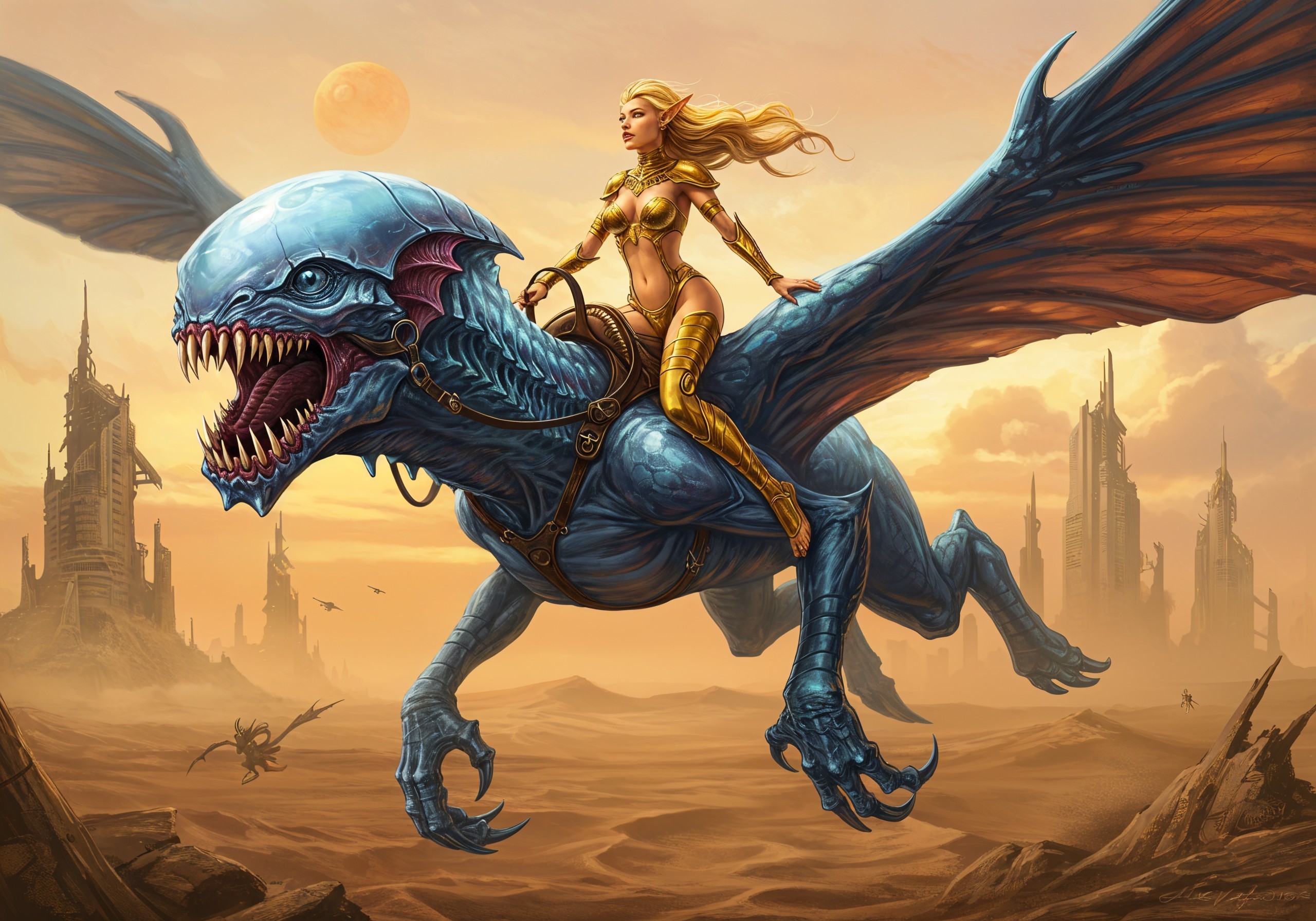 Fierce Woman in Golden Armor Rides Dragon-like Creature