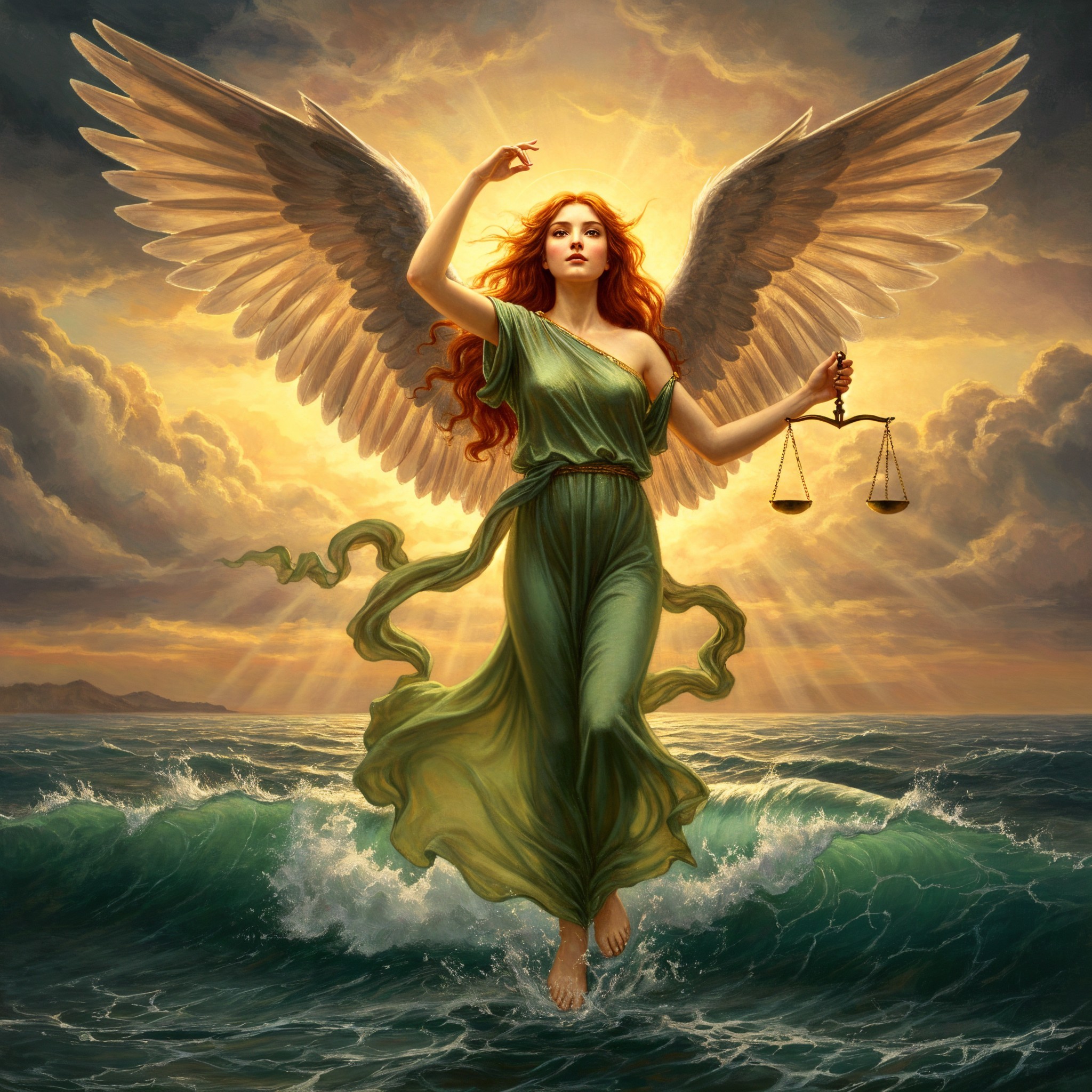 Majestic angel with scales above turbulent waves