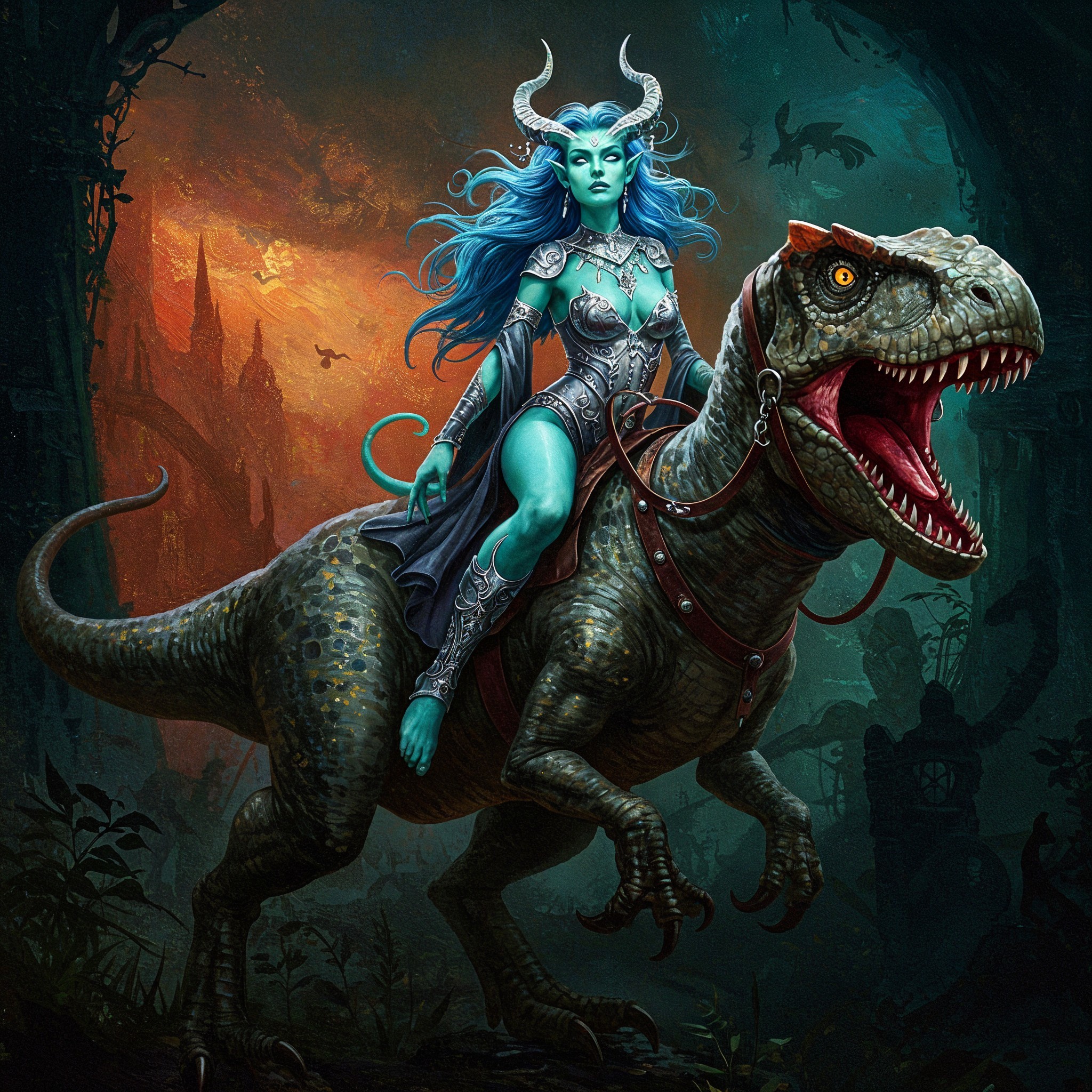 Blue-skinned warrior on dinosaur in mystical forest