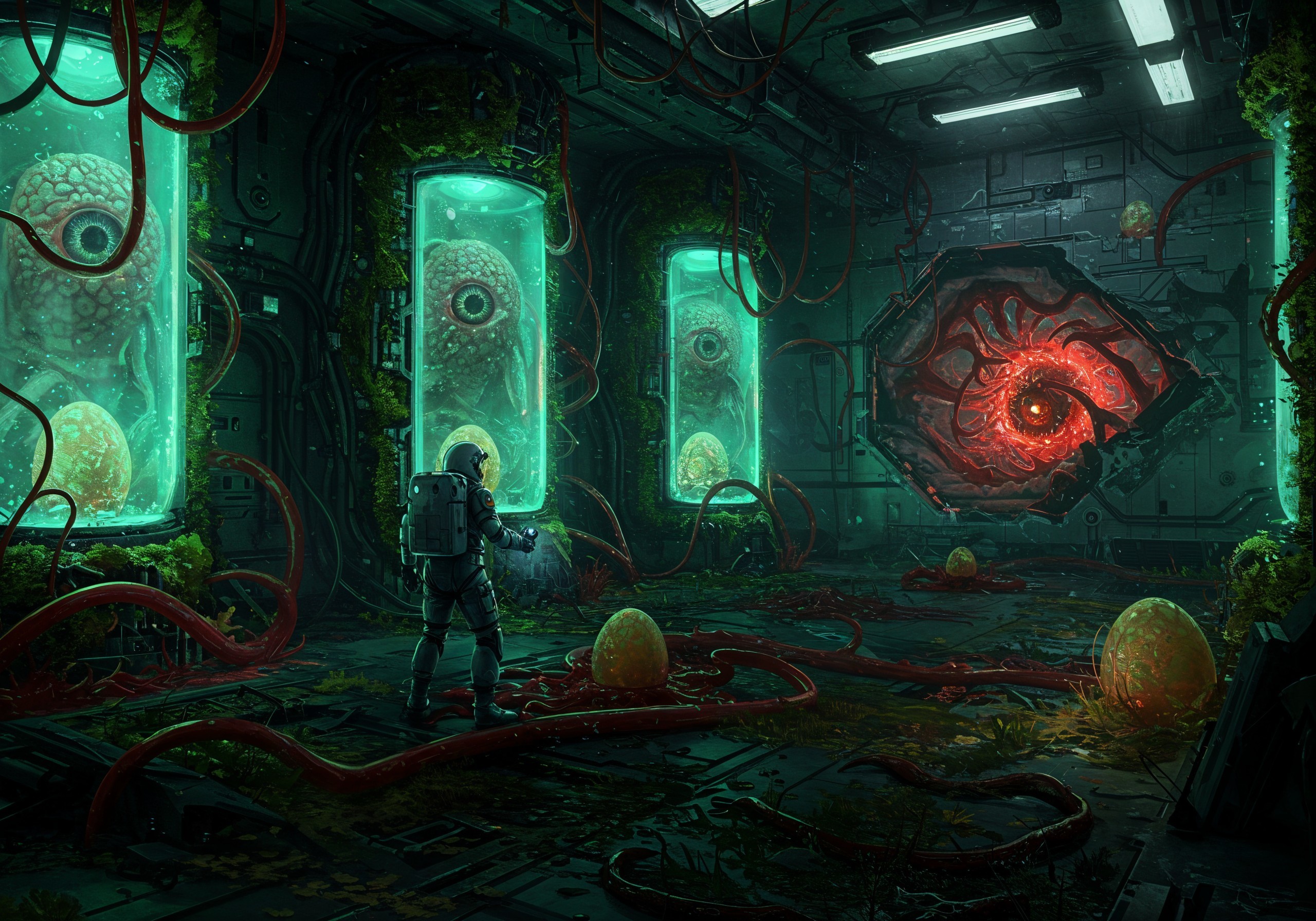 Astronaut in Sci-Fi Lab with Glowing Organisms and Vines