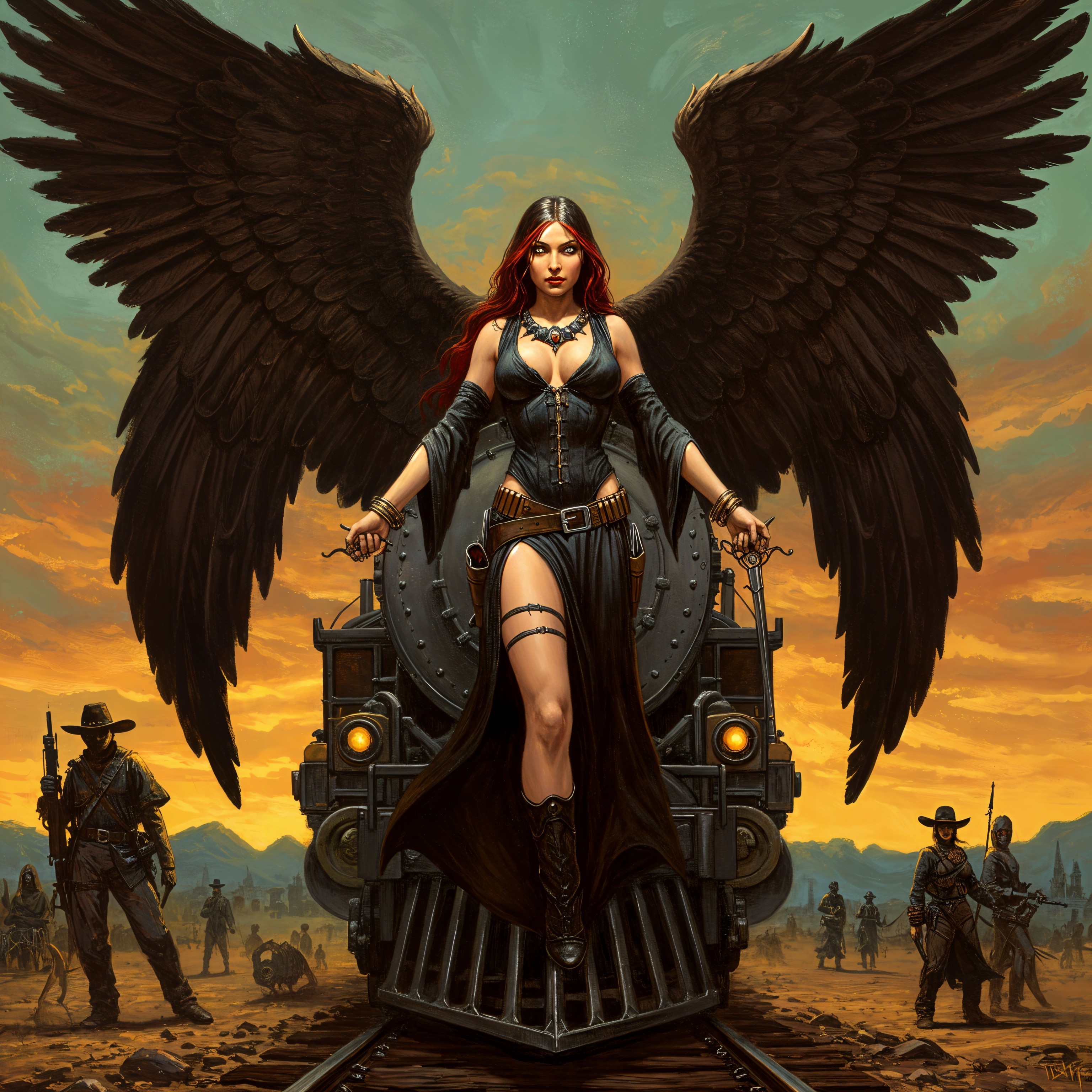 Fierce Woman with Black Wings and Steam Train Scene