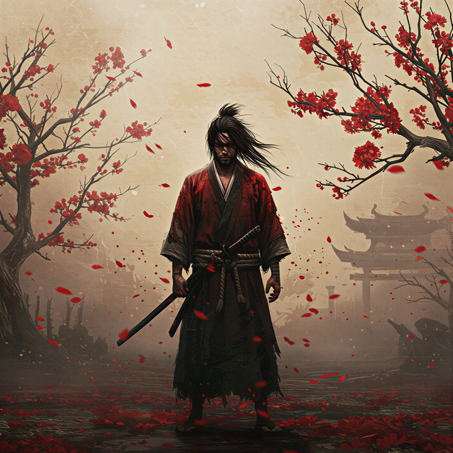 Lone Samurai in Cherry Blossom Landscape at Sunset