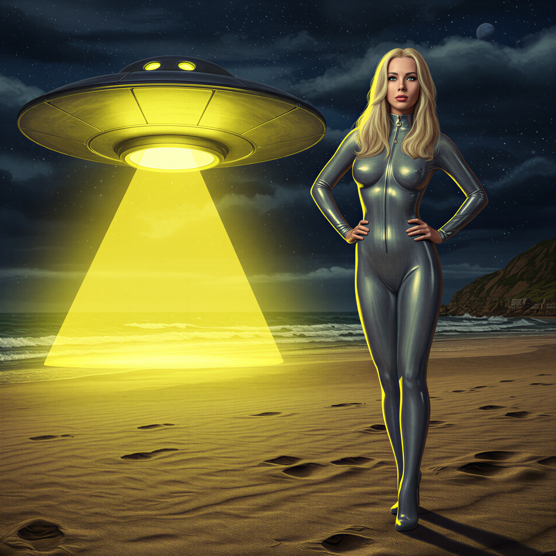 Futuristic Beach Scene with UFO and Metallic Jumpsuit