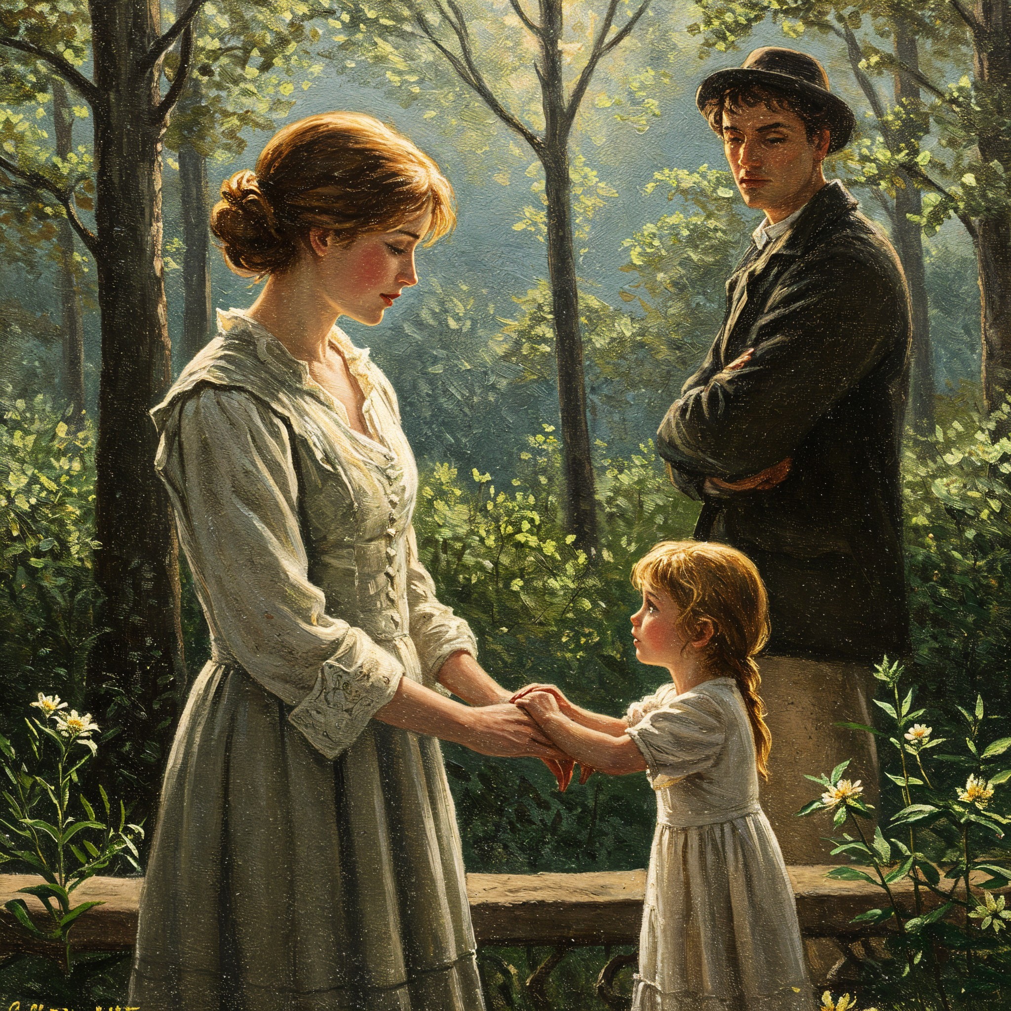 Serene Forest Scene with Woman, Girl, and Young Man