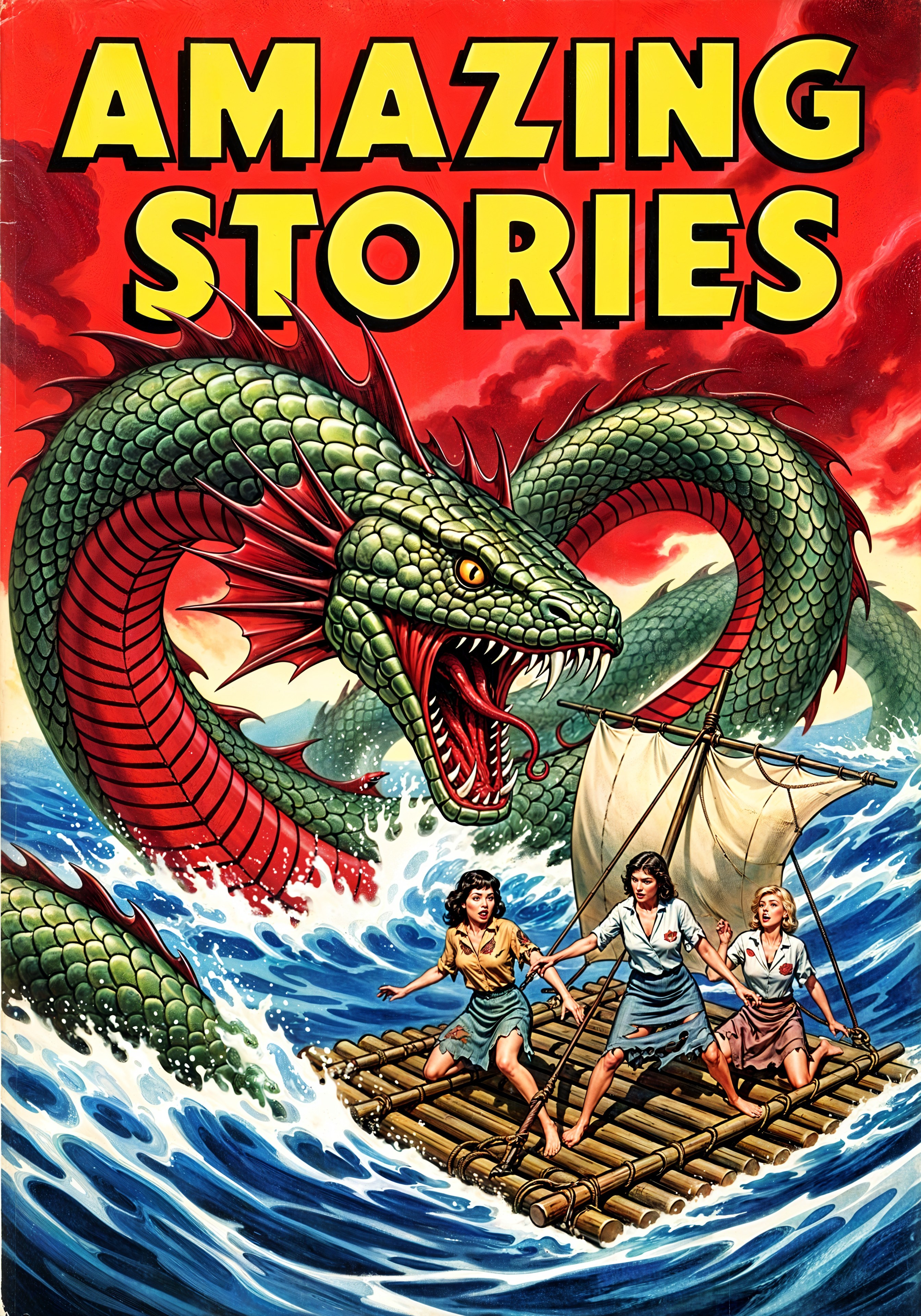 Comic Book Cover with Women, Dragon, and Waves