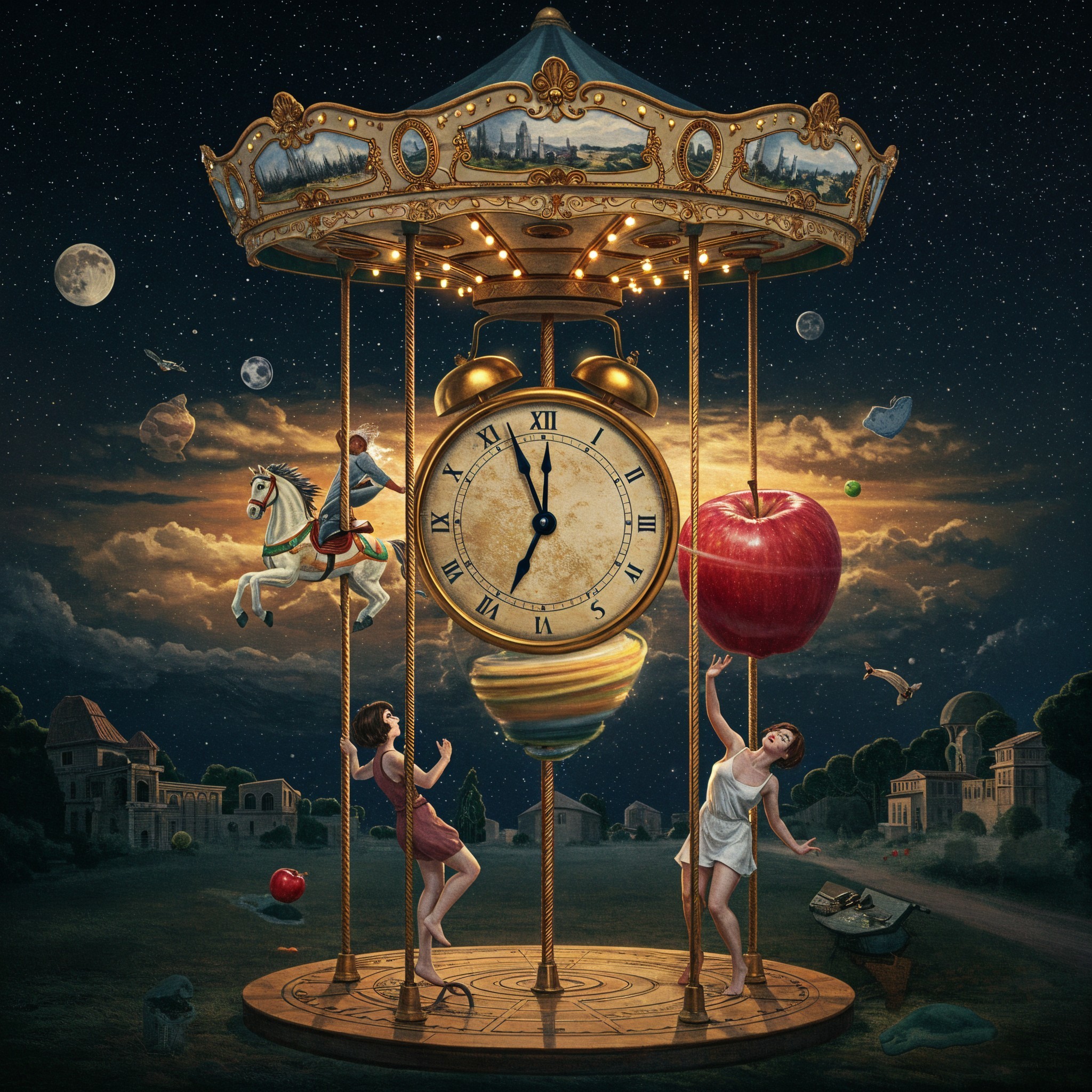 Whimsical carousel with clock, horses, and dancing women
