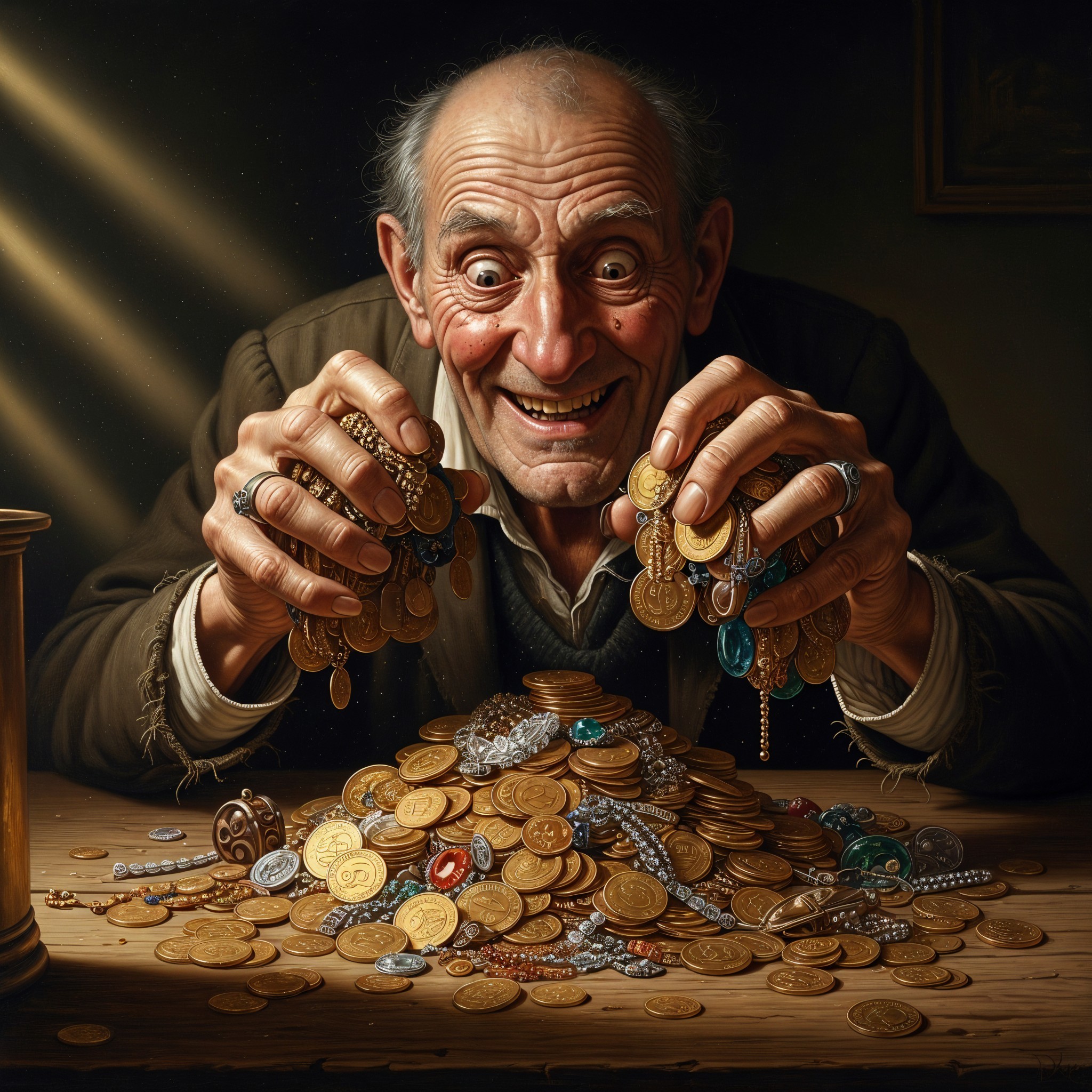 Elderly Man Sifting Through Gold Coins and Jewels
