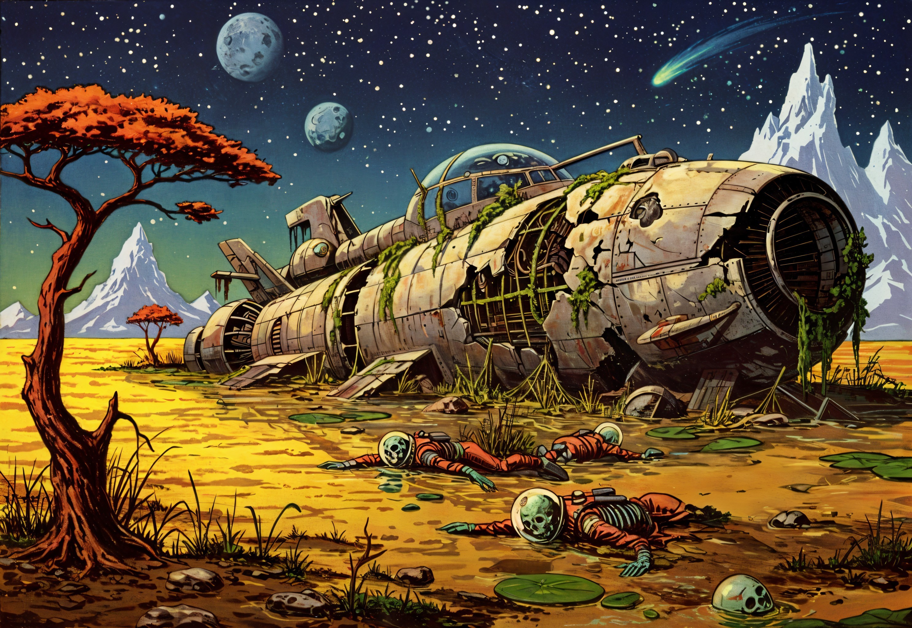 Derelict Spaceship in Alien Landscape with Skeletons
