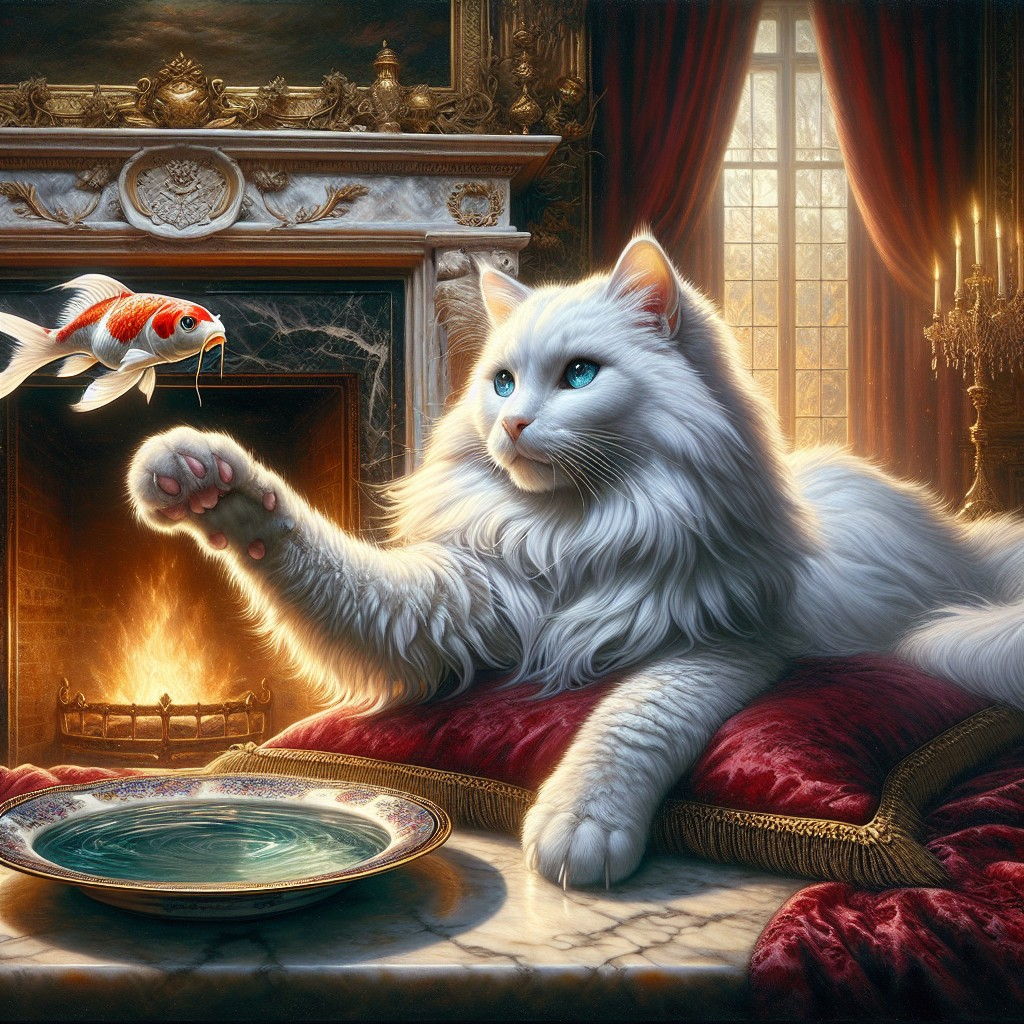 Regal White Cat and Colorful Goldfish in Elegant Room