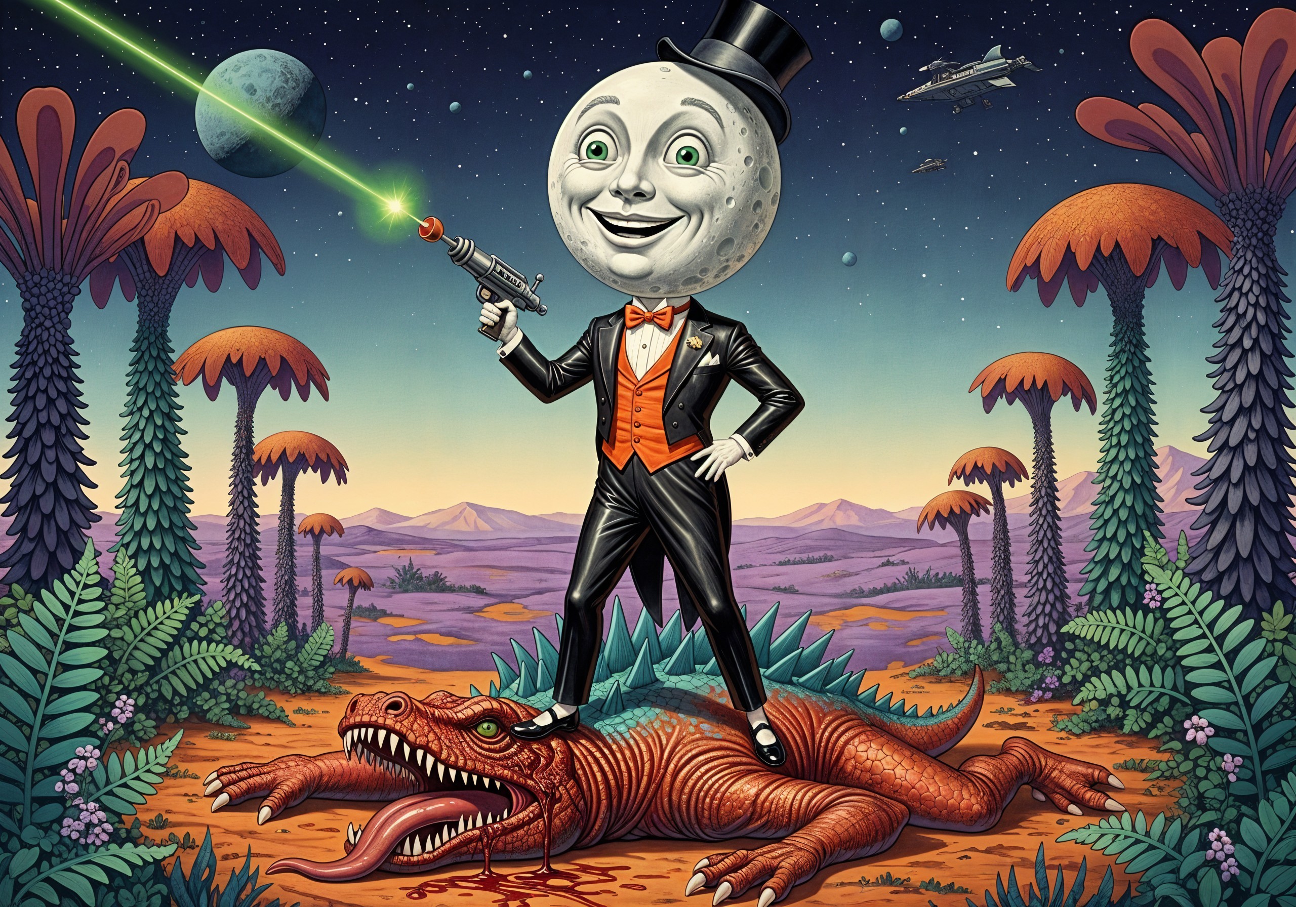 Cartoon Moon Character on Dinosaur in Fantasy Landscape