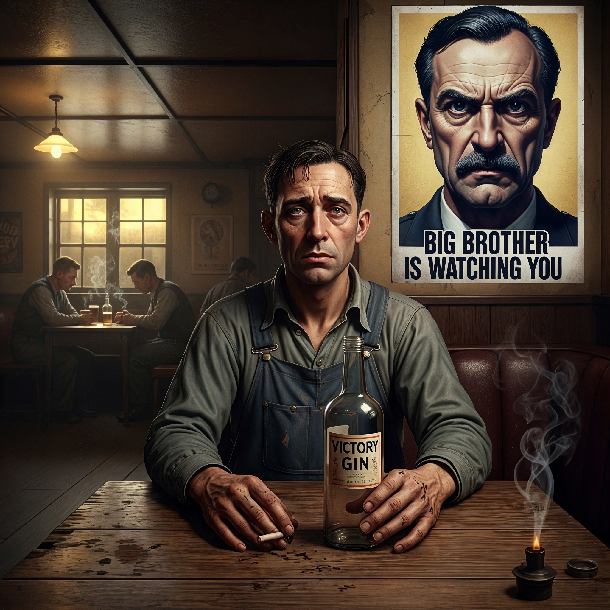 Sad Man in Gray Shirt at Rustic Bar Table