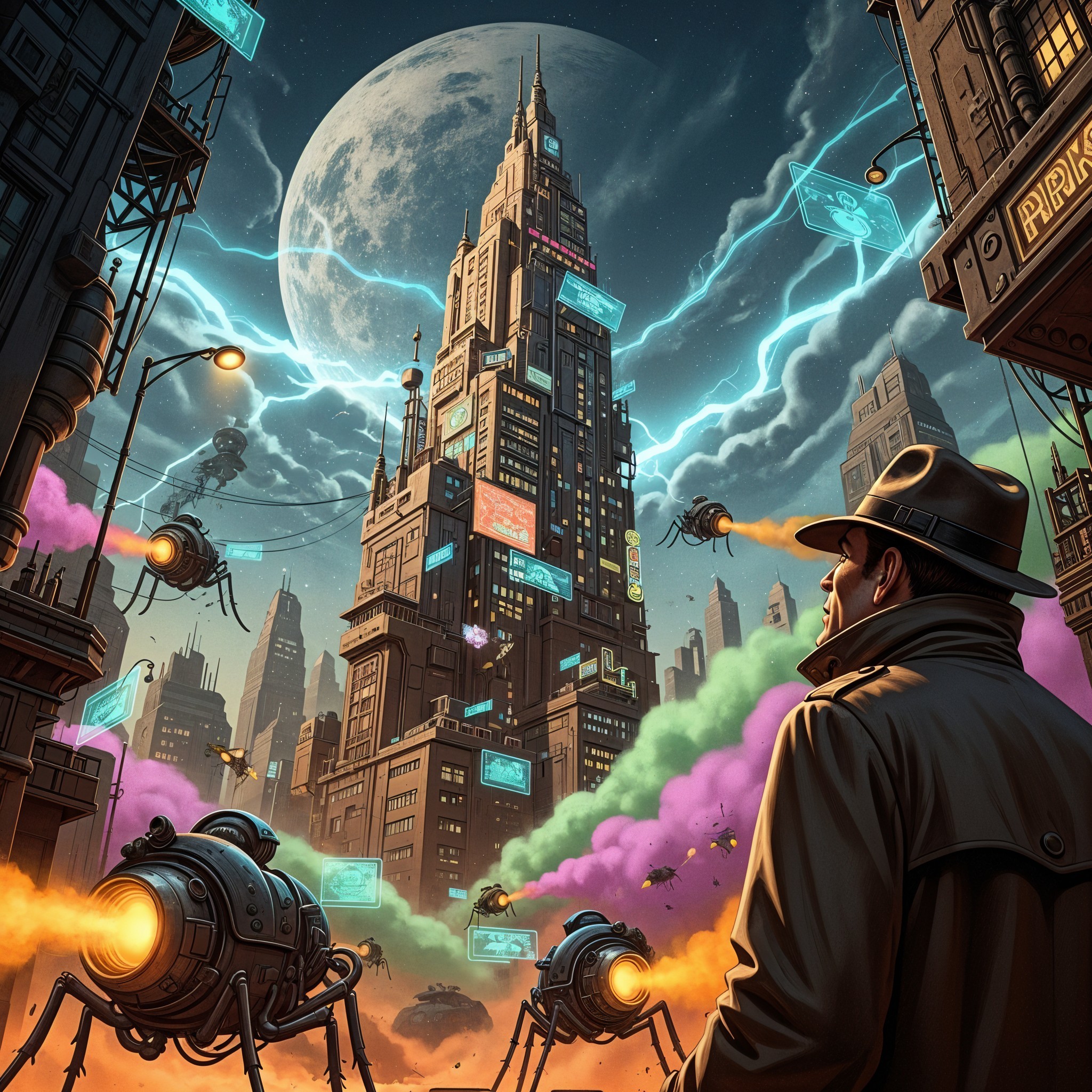 Futuristic cityscape with neon skyscraper and drones