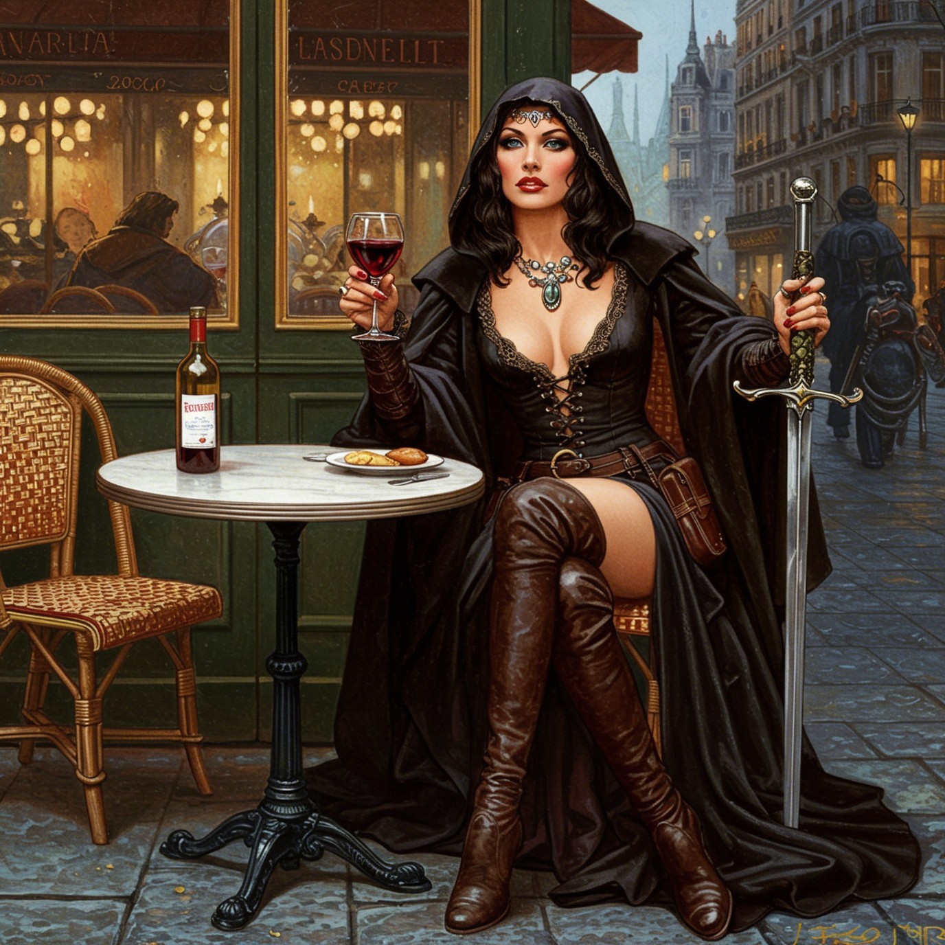 Mysterious Woman in Cloak at Café with Sword and Wine
