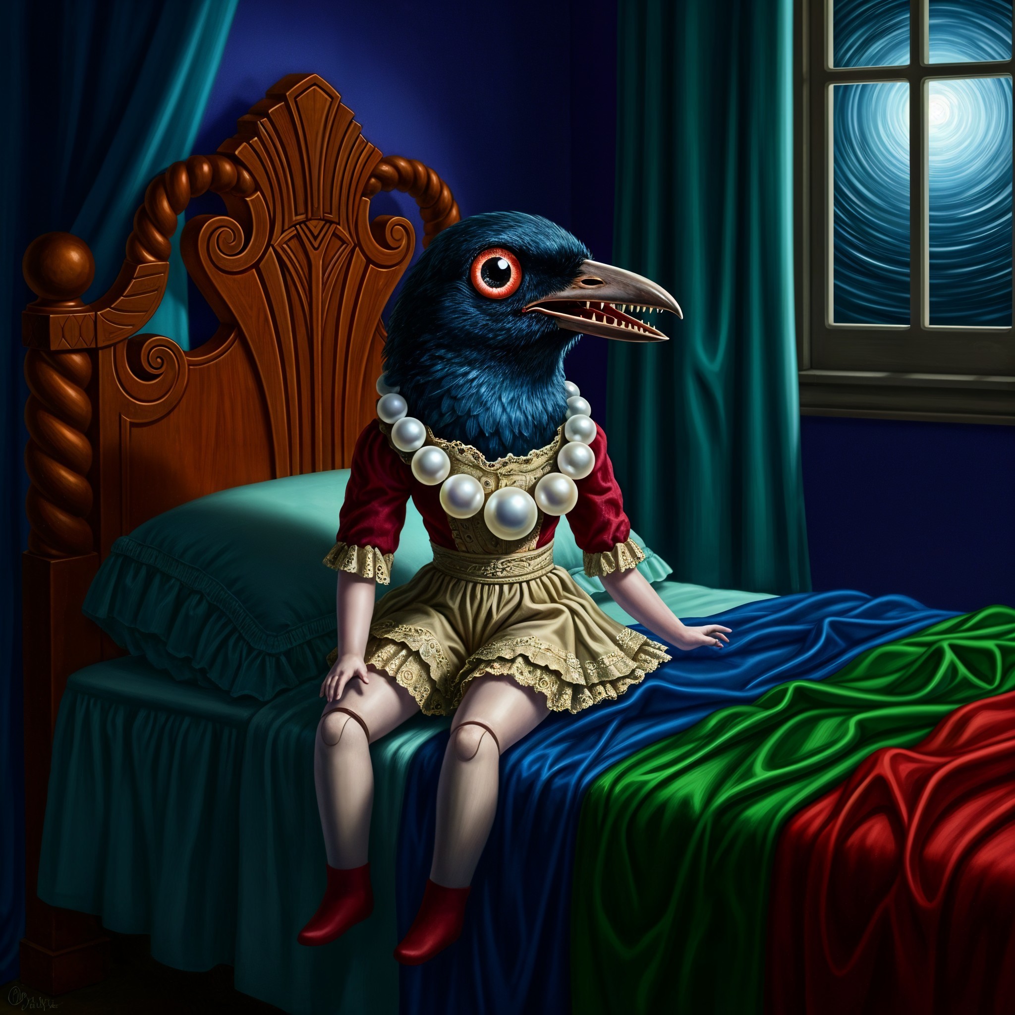 Surreal Doll Figure with Bird Head in Dim Room