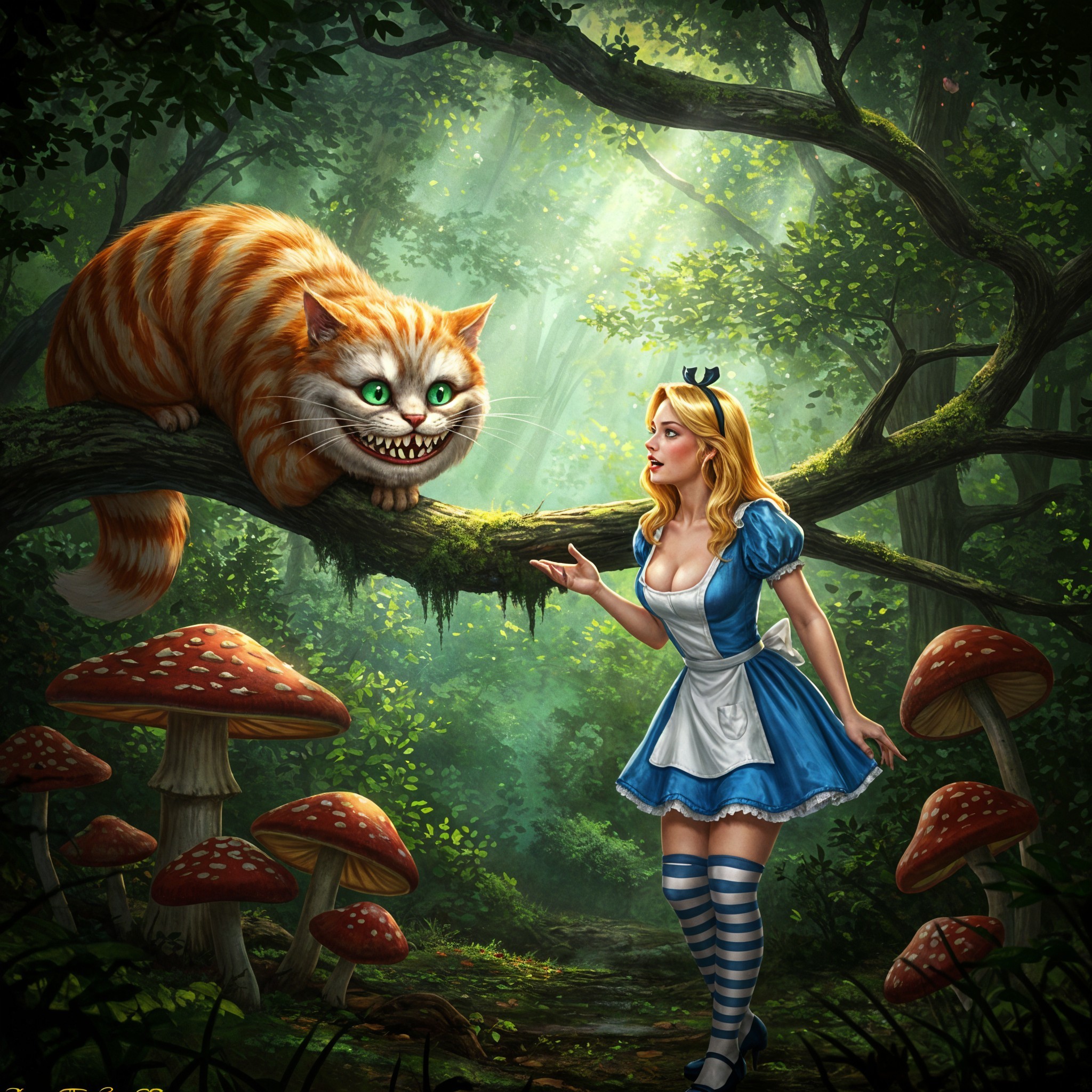 Whimsical Forest Scene with Girl and Cheshire Cat