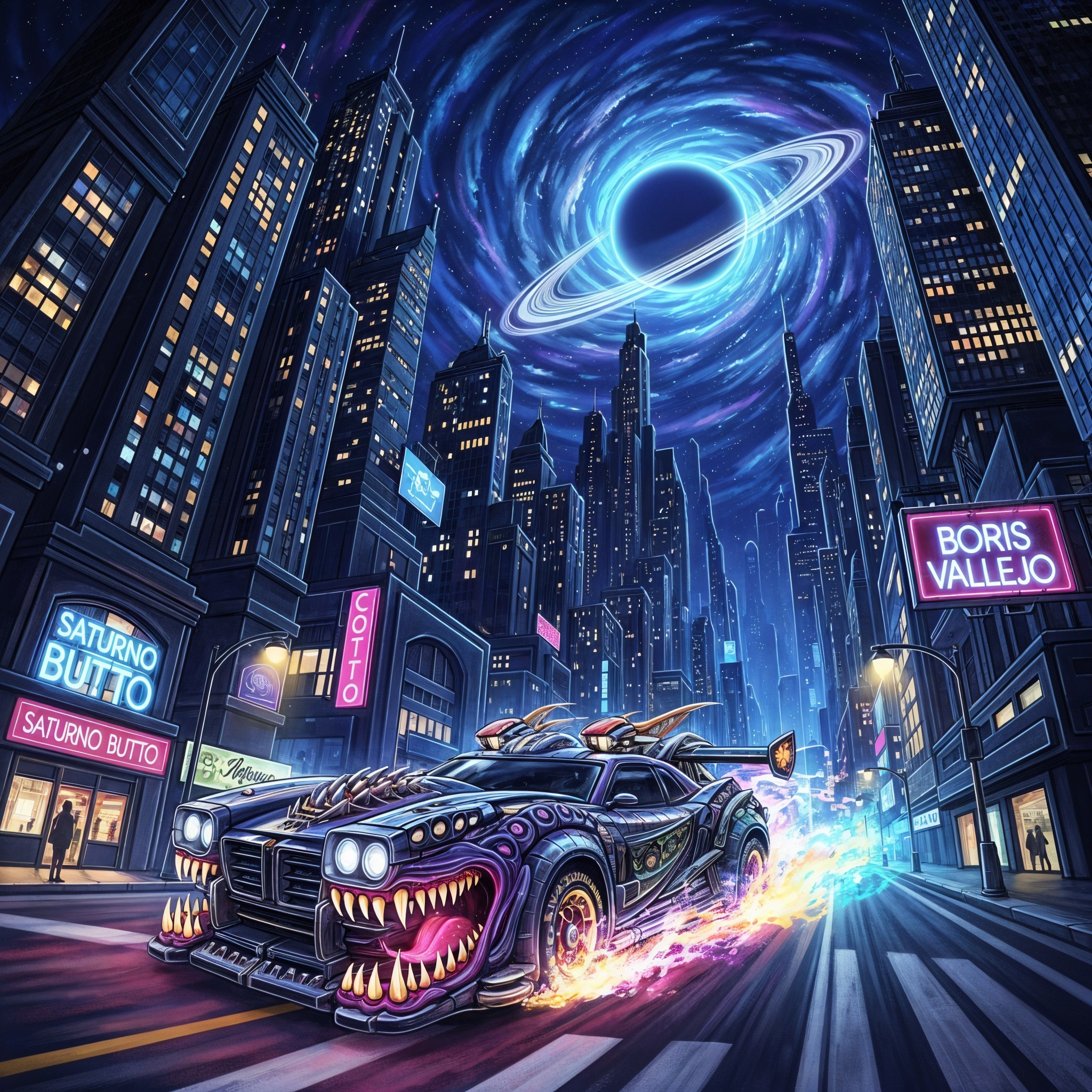 Futuristic cityscape with neon signs and cosmic features