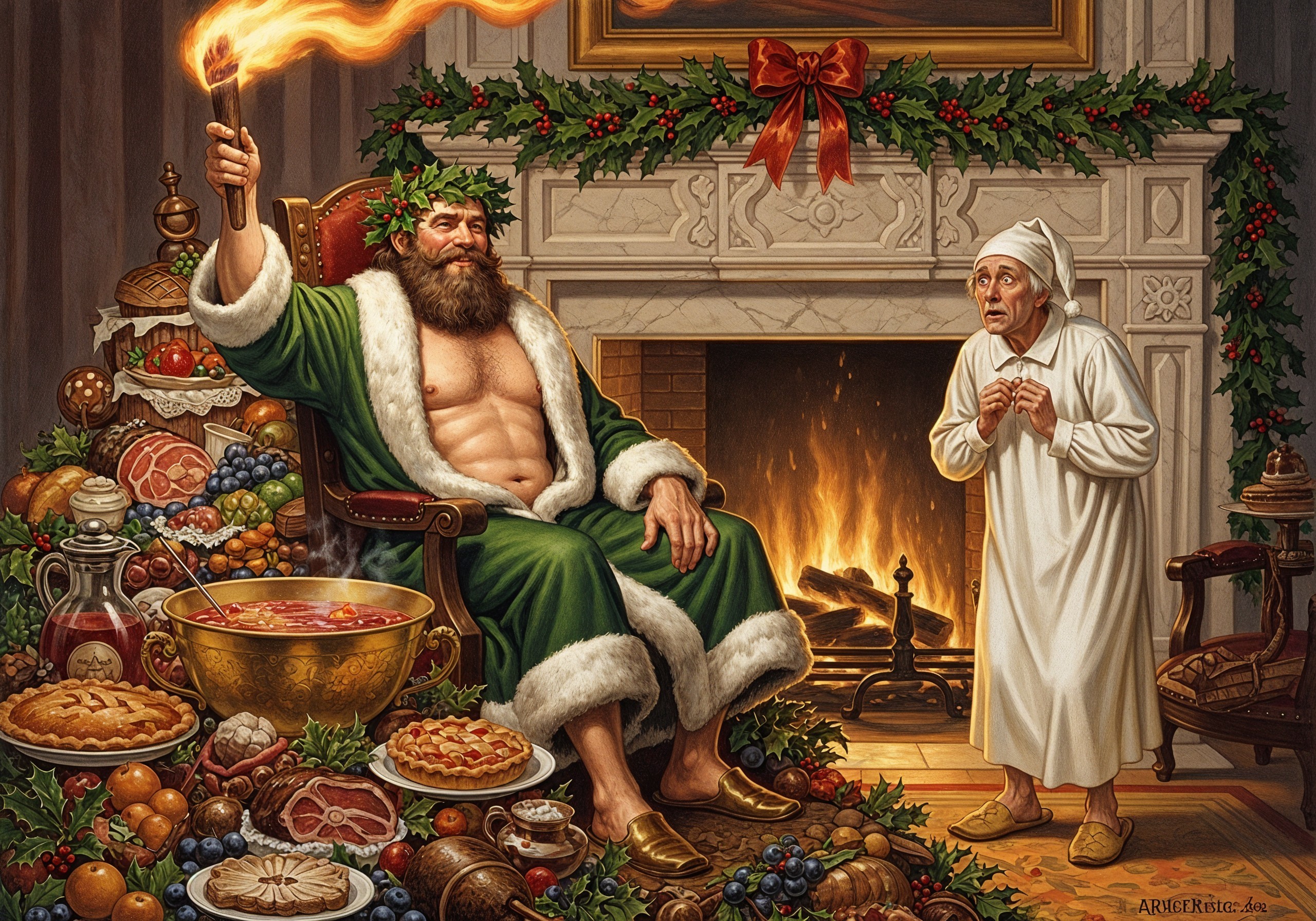 Festive Scene with a Figure in a Green Robe and Food