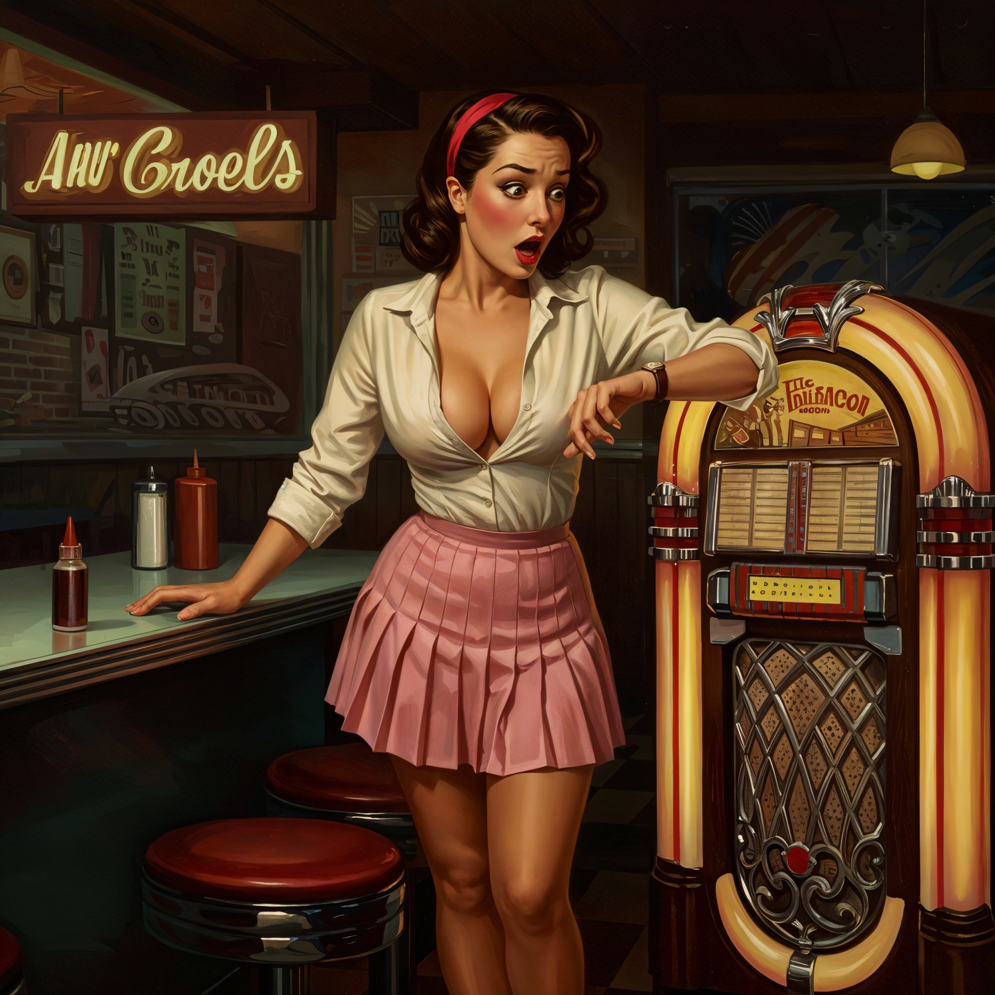 Retro Diner Scene with Woman by Jukebox and Neon Lights