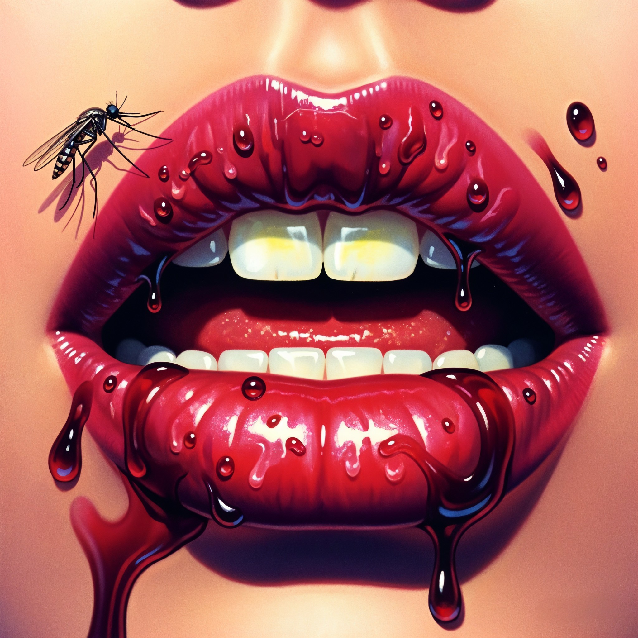 Close-up of Glossy Red Lips with Dark Liquid and Mosquito