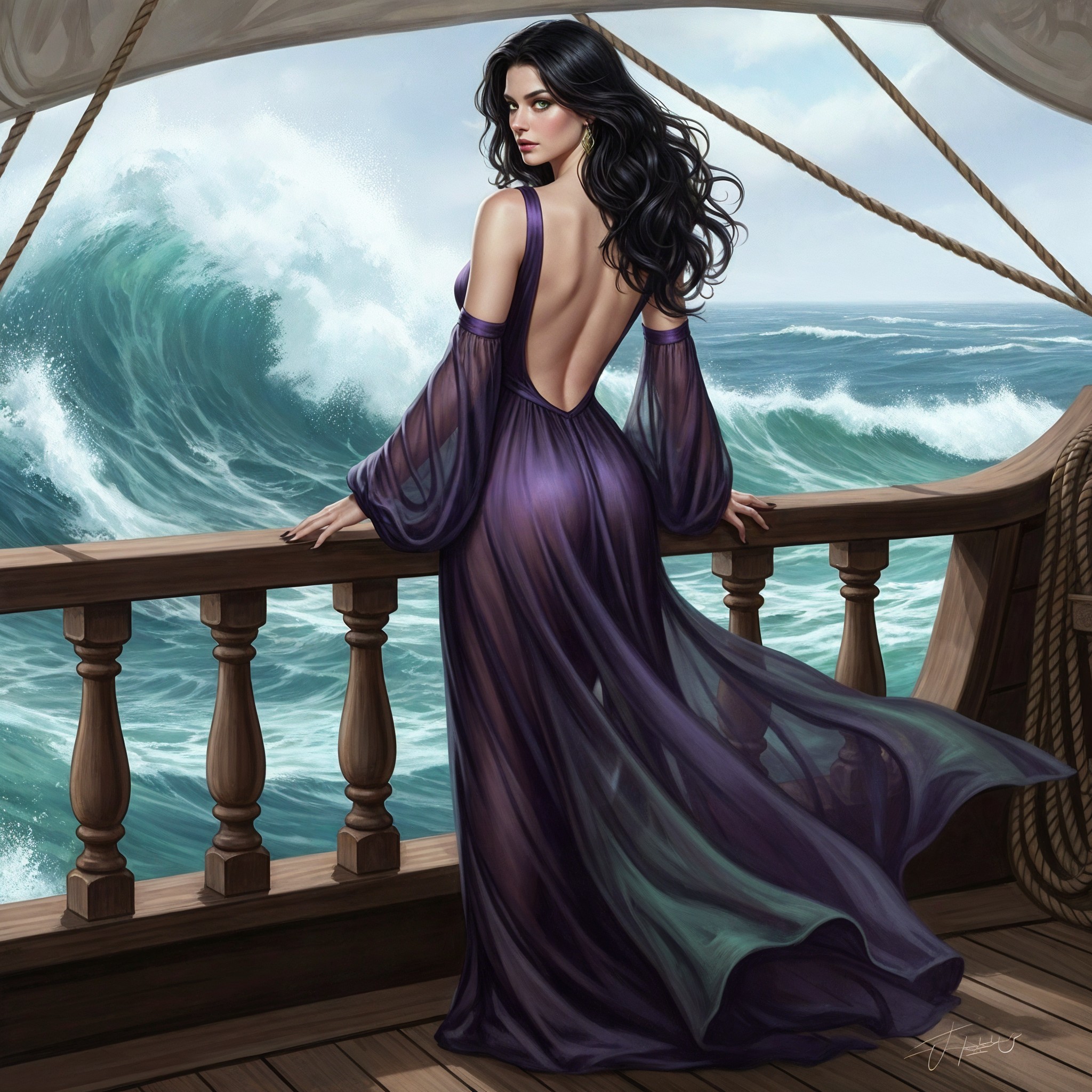 Woman in Purple Gown on Ship Facing Turbulent Waves