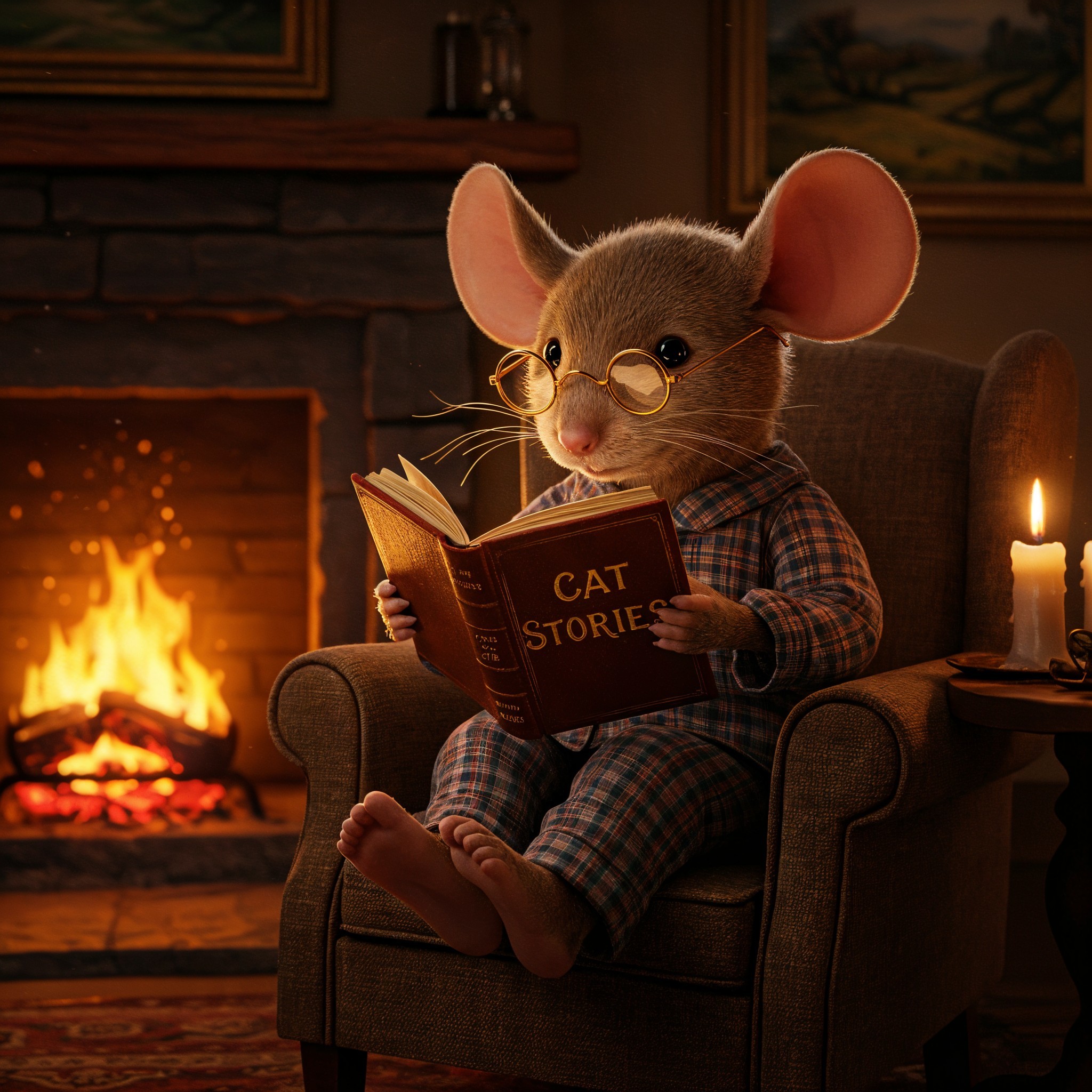 Mouse in Glasses Reading by the Fireplace
