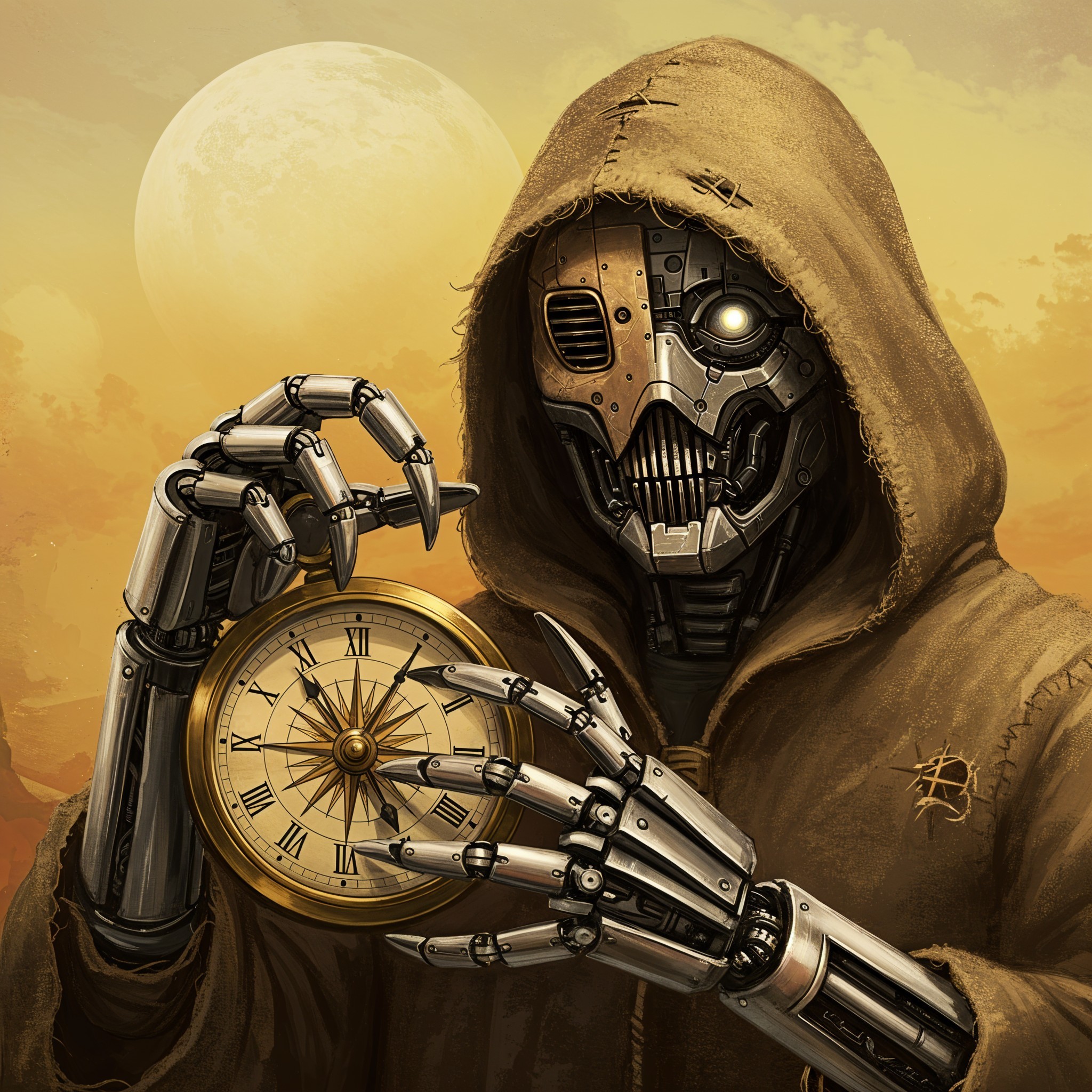 Futuristic Robot in Cloak with Vintage Compass and Moons