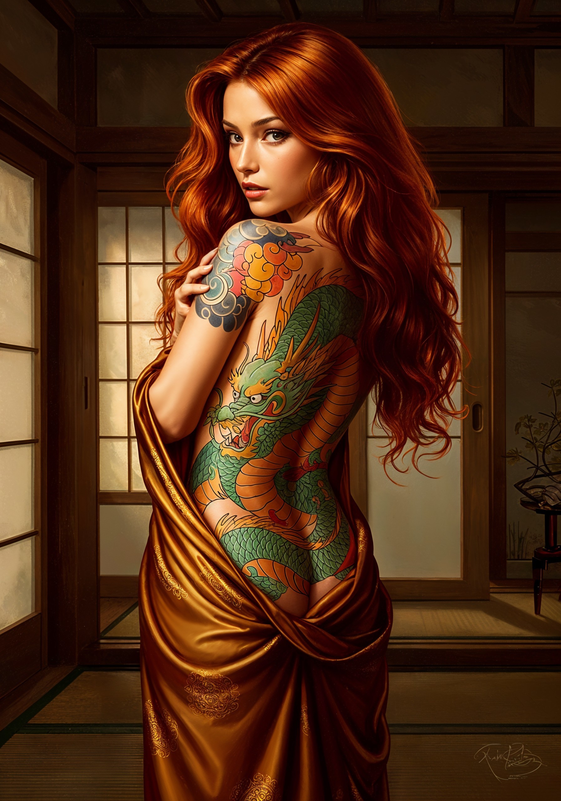 Portrait of a Woman with Red Hair and Dragon Tattoo