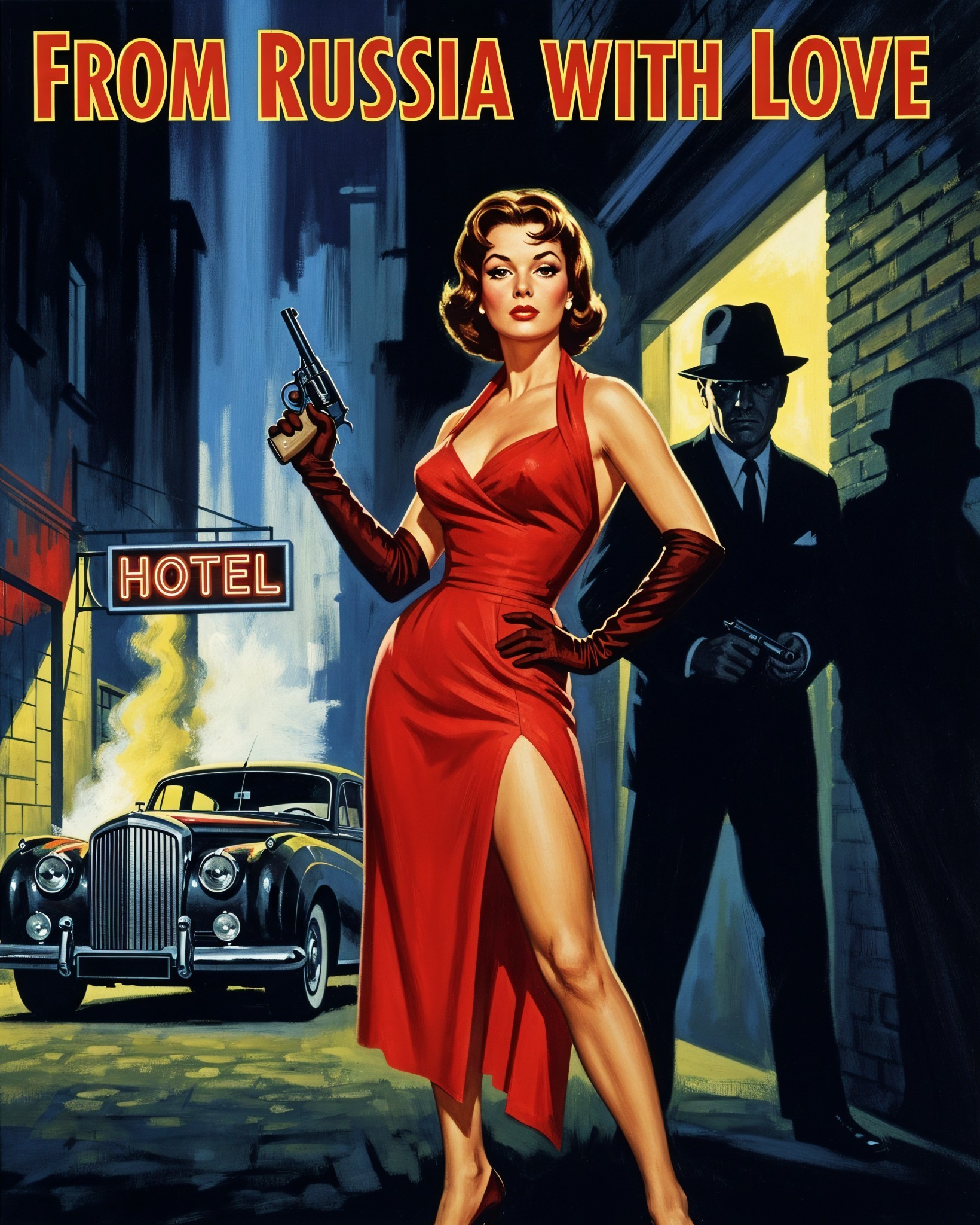 Vintage Scene Featuring Woman with Gun and Car