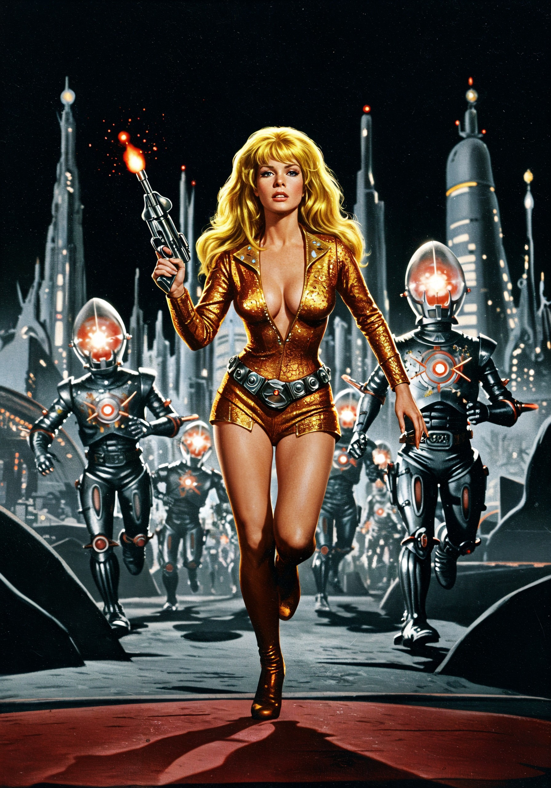 Blonde Woman in Futuristic Outfit with Robotic Pursuers