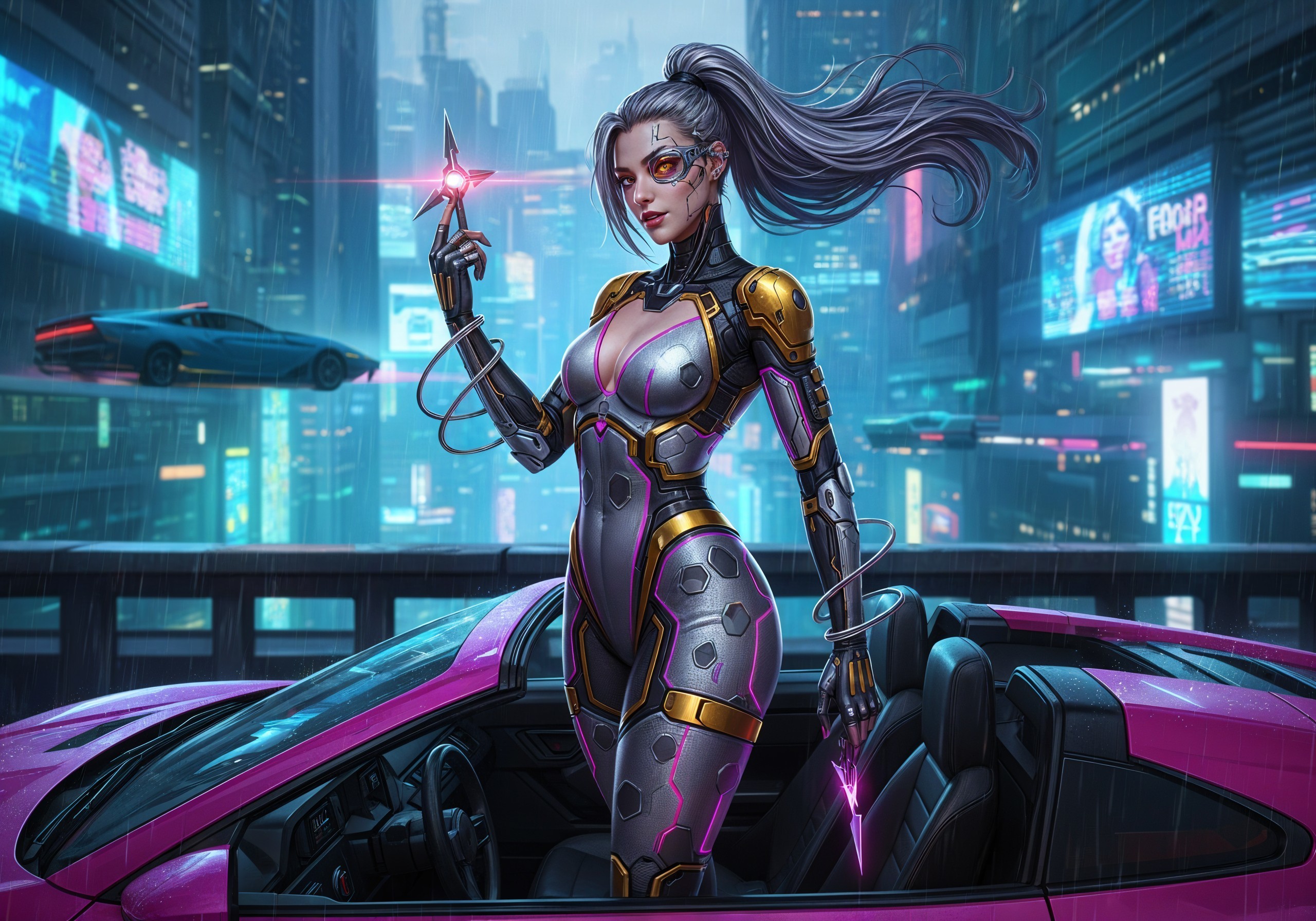 Futuristic cityscape with metallic figure and neon lights