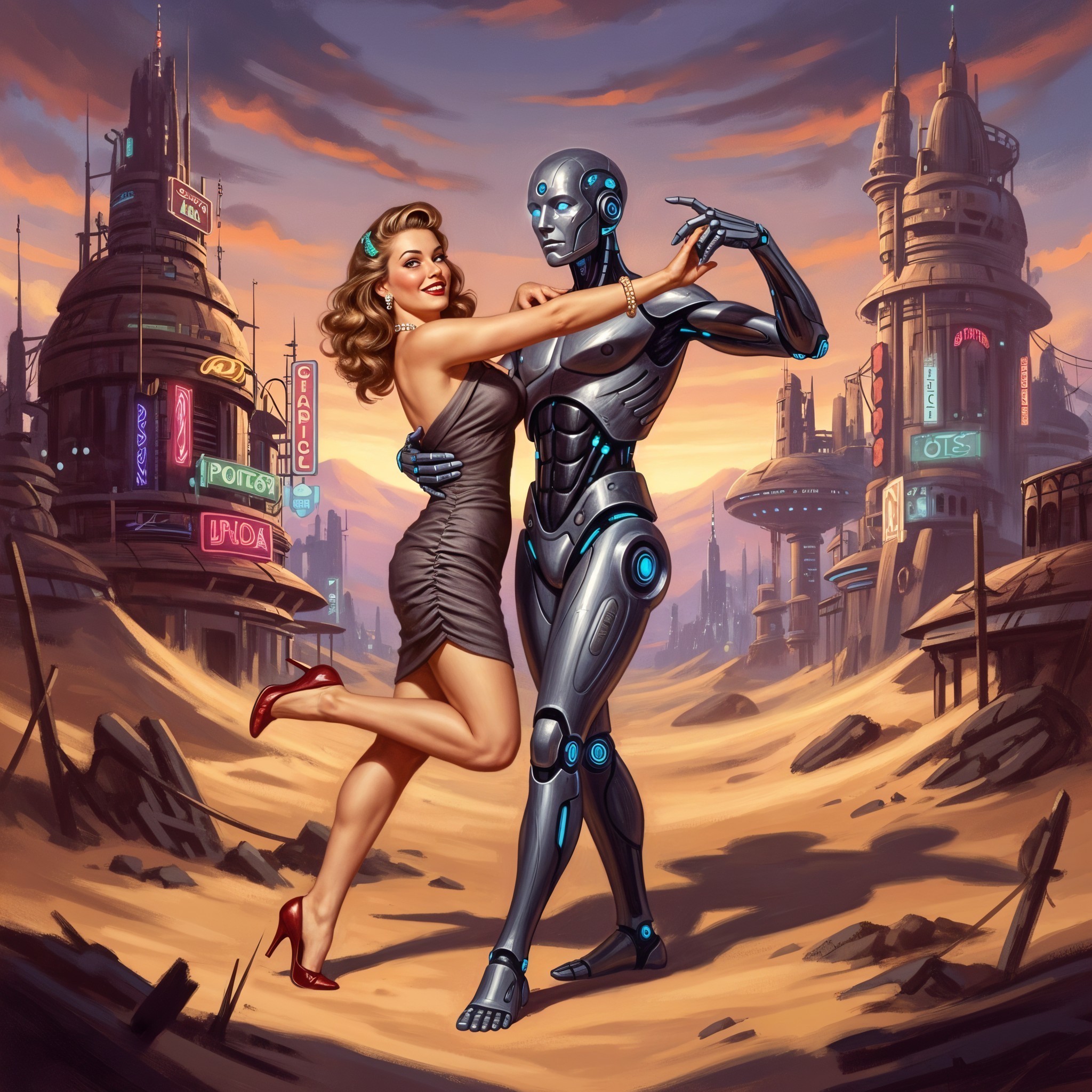 Retro-Futuristic Dance Scene with Robot and Woman
