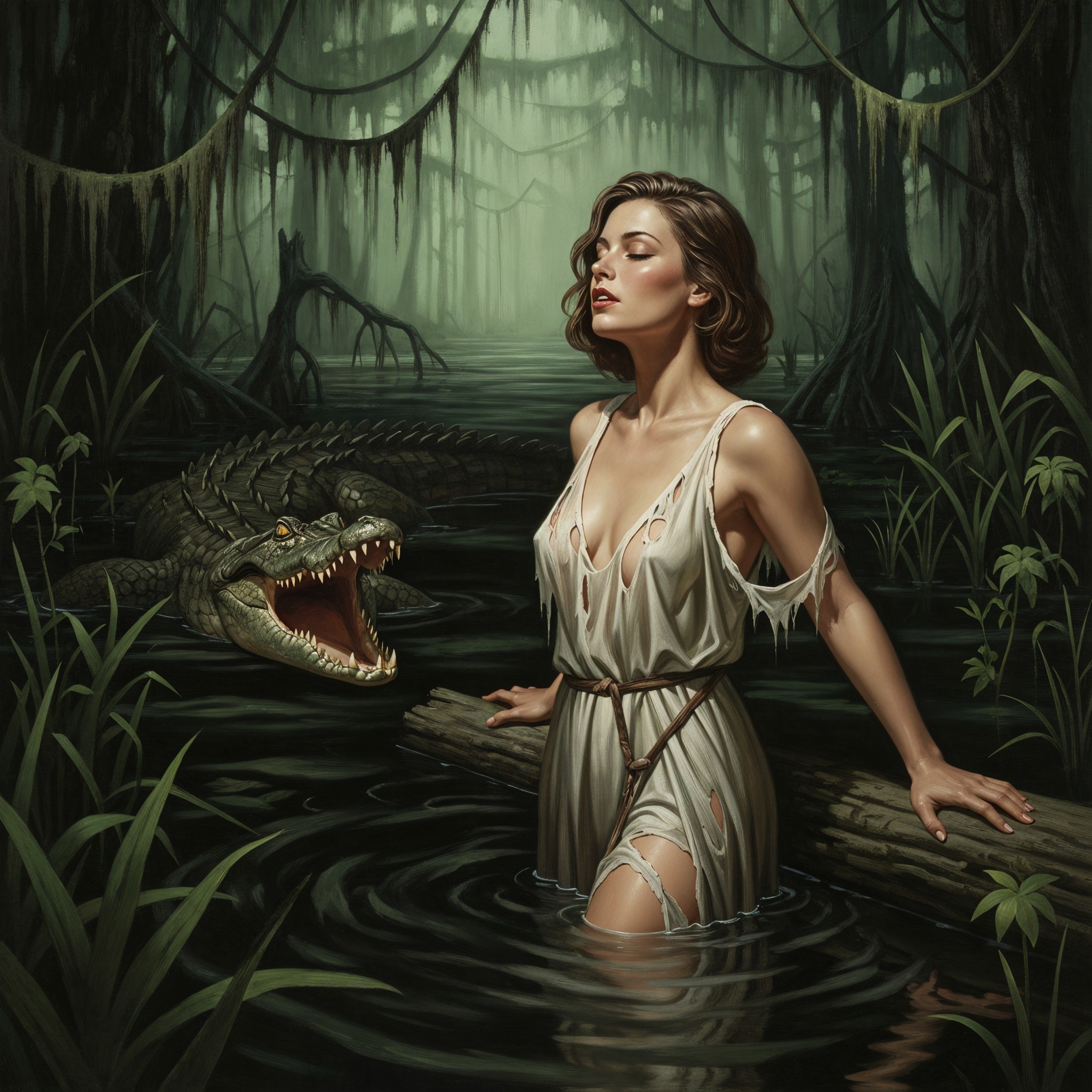 Woman in Tattered Dress Wading Through Swamp Waters