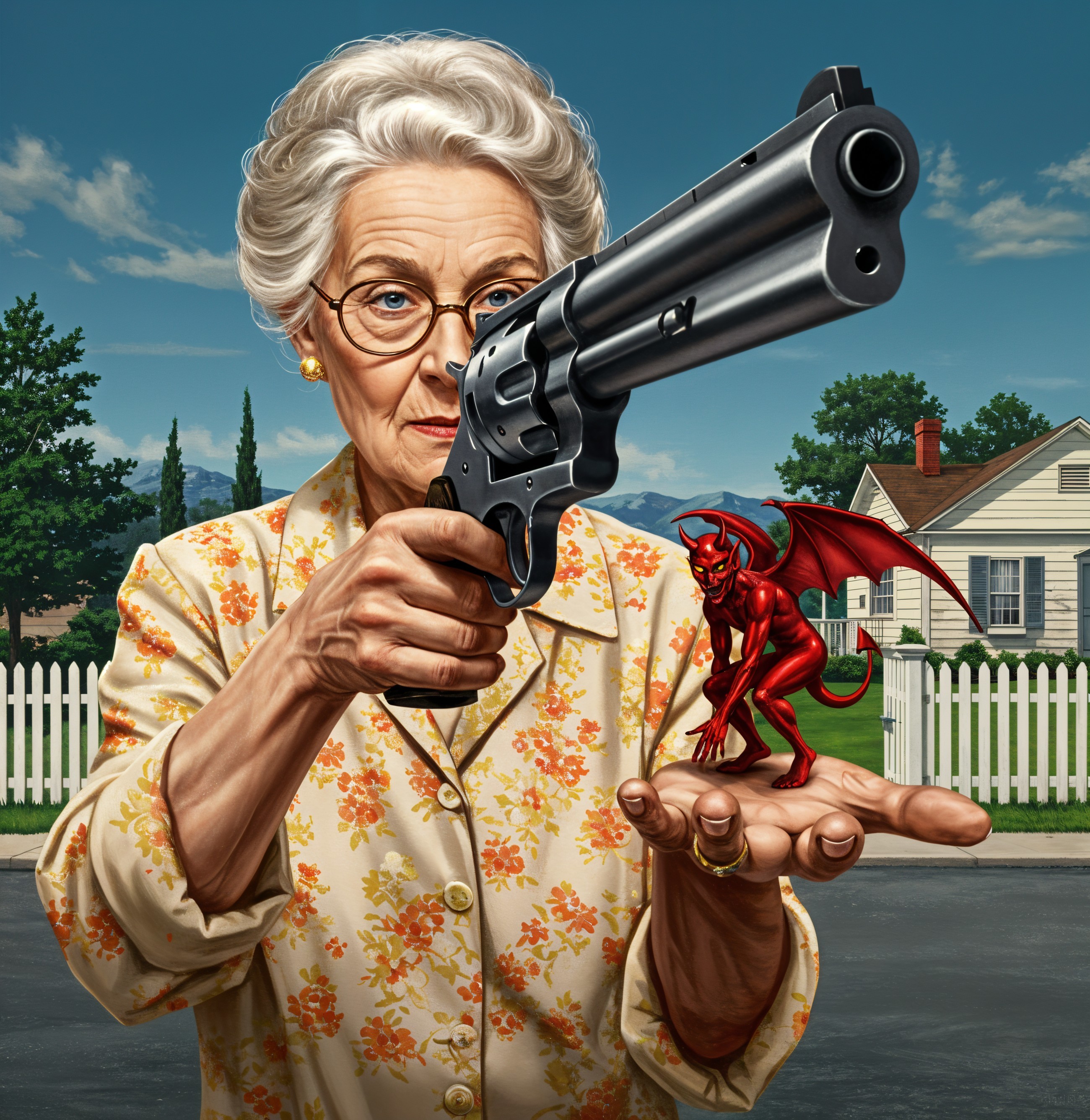 Elderly Woman with Revolver and Mischievous Devil
