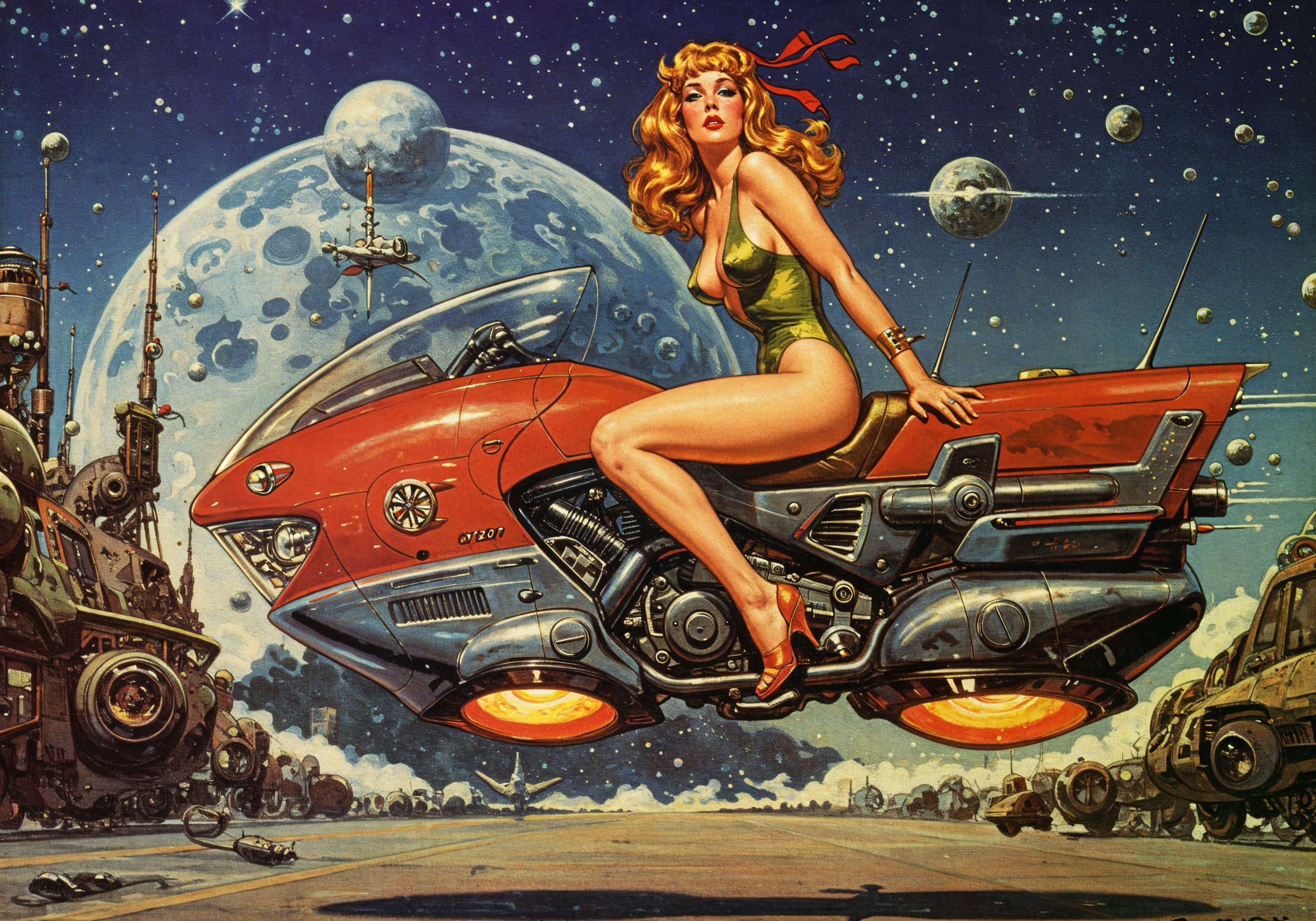 Futuristic Woman on Red Motorcycle in Starry Sky