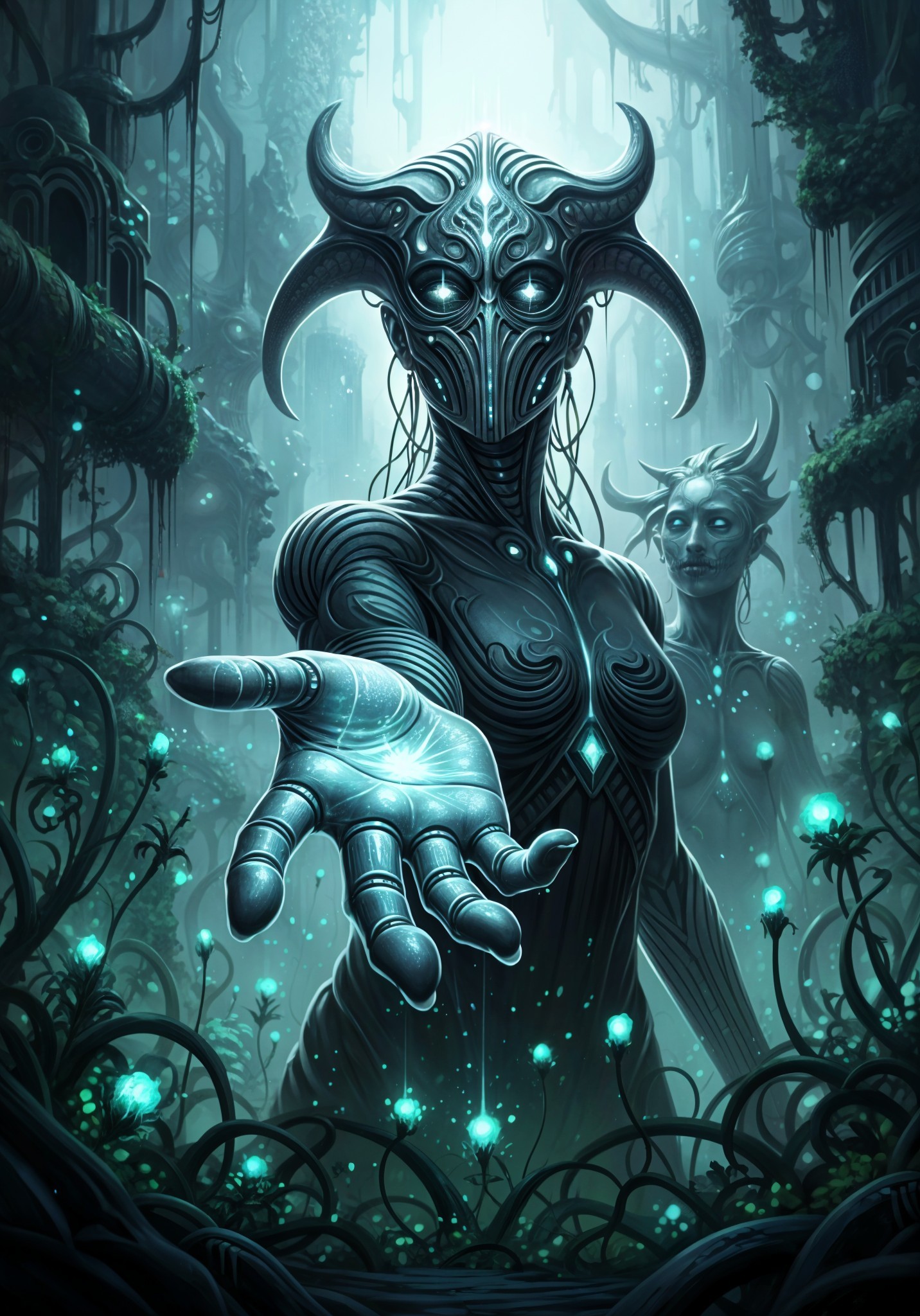 Bioluminescent Forest with Otherworldly Figures