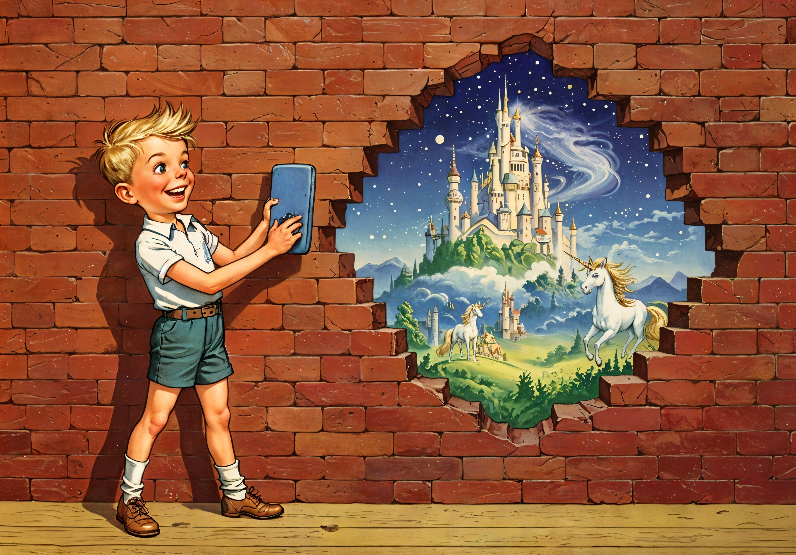 Boy with tablet in front of brick wall and castle scene