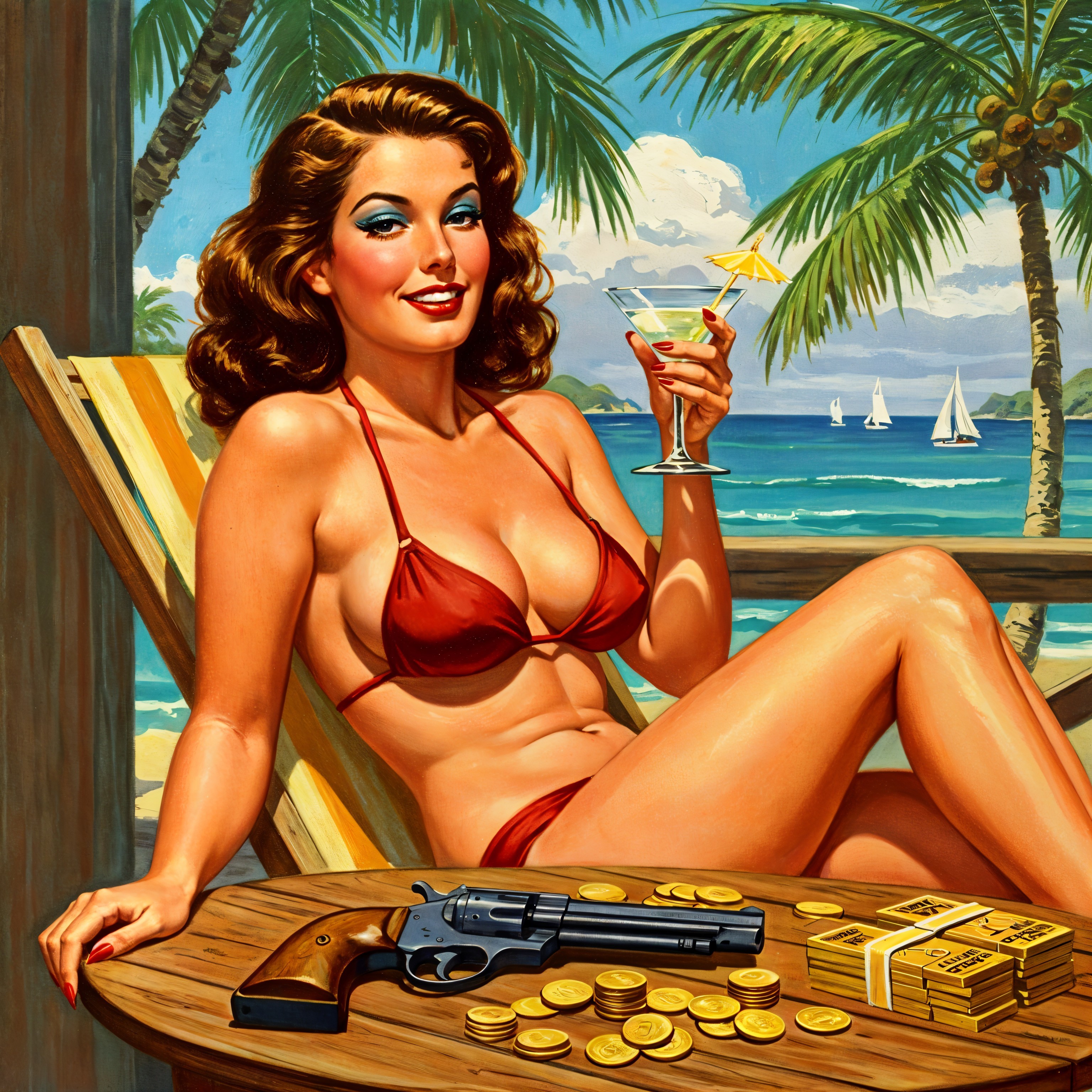 Glamorous Woman in Tropical Setting with Gold Coins